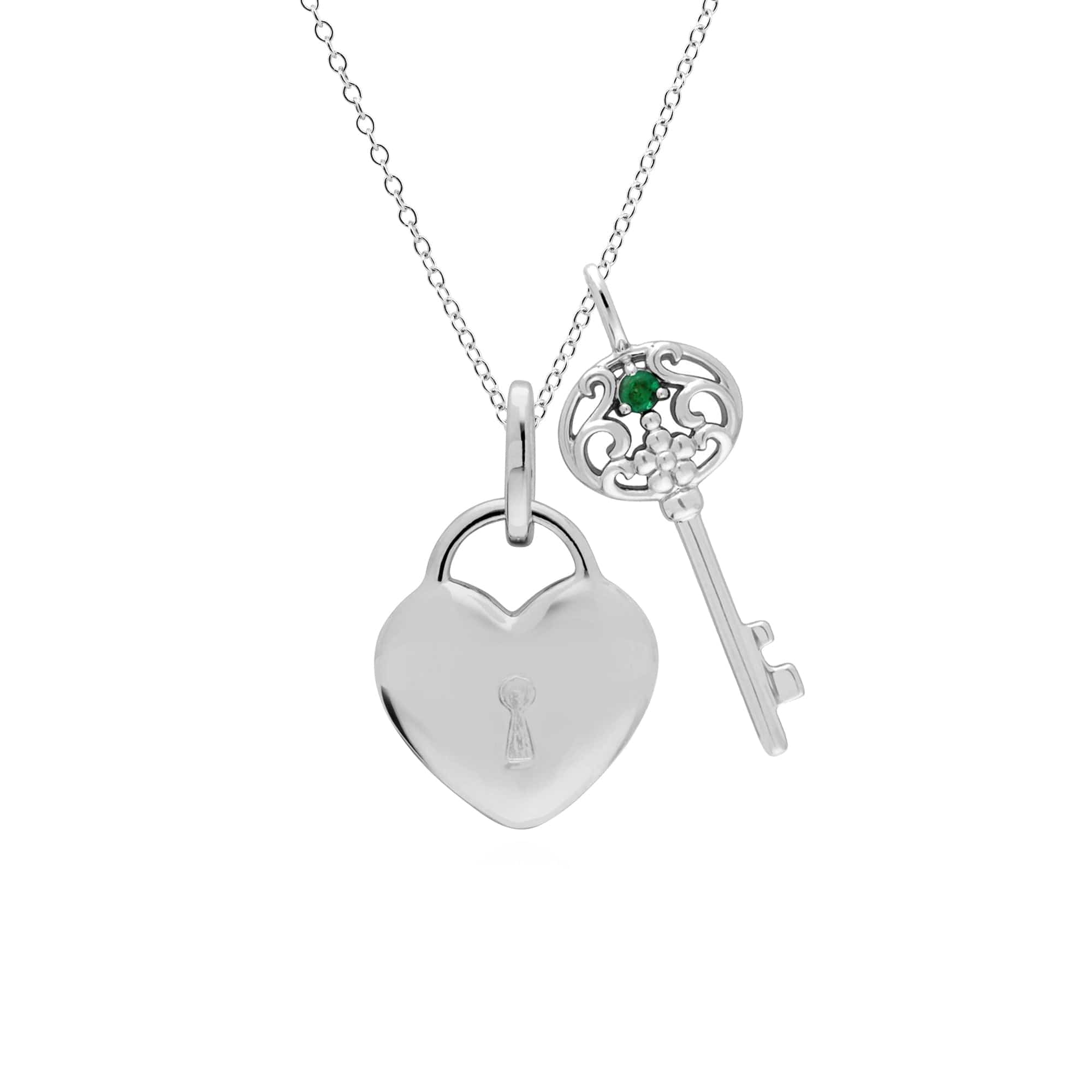 270P026807925-270P027001925 Classic Heart Lock Pendant & Emerald Big Key Charm in 925 Sterling Silver 1