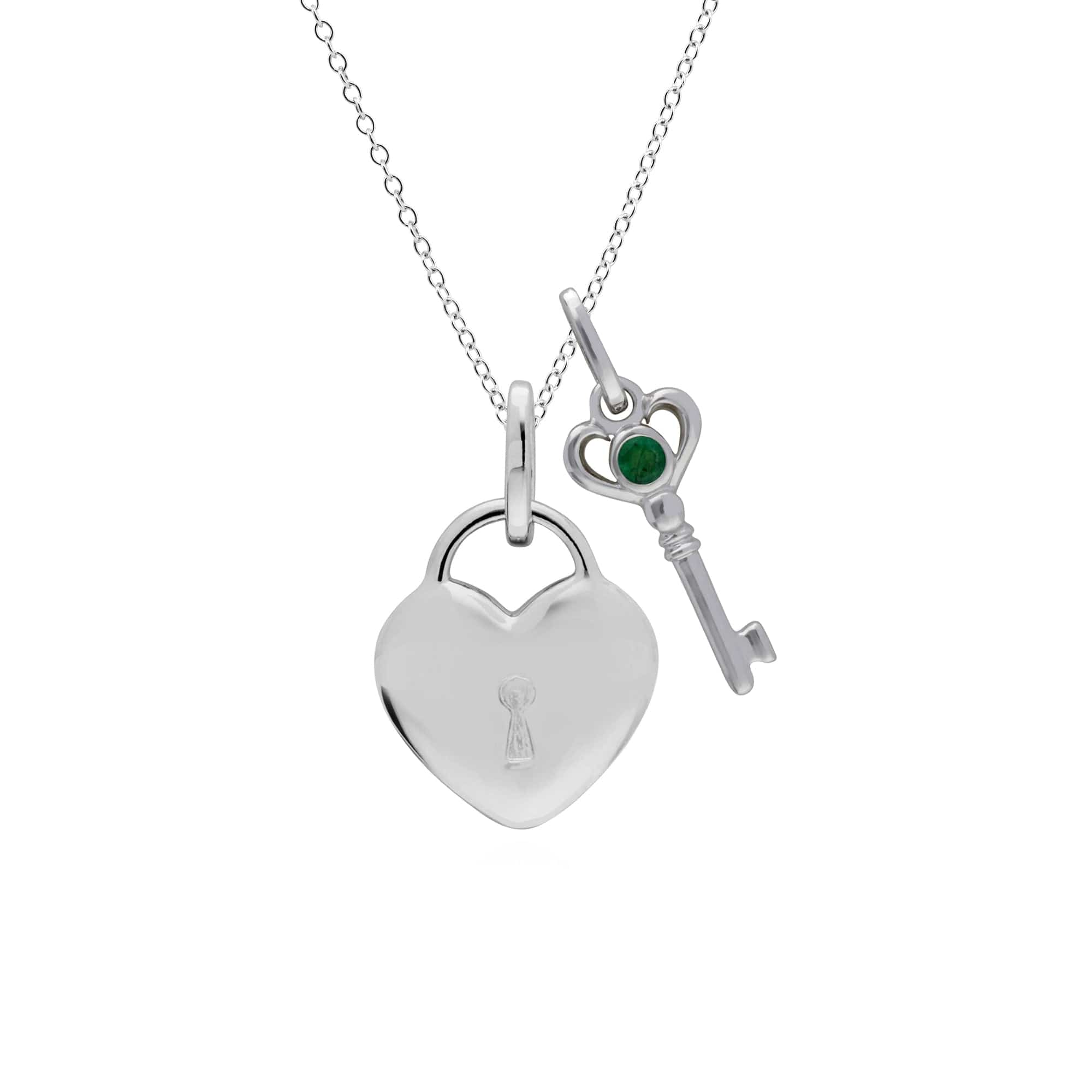 270P026401925-270P027001925 Classic Heart Lock Pendant & Emerald Key Charm in 925 Sterling Silver 1