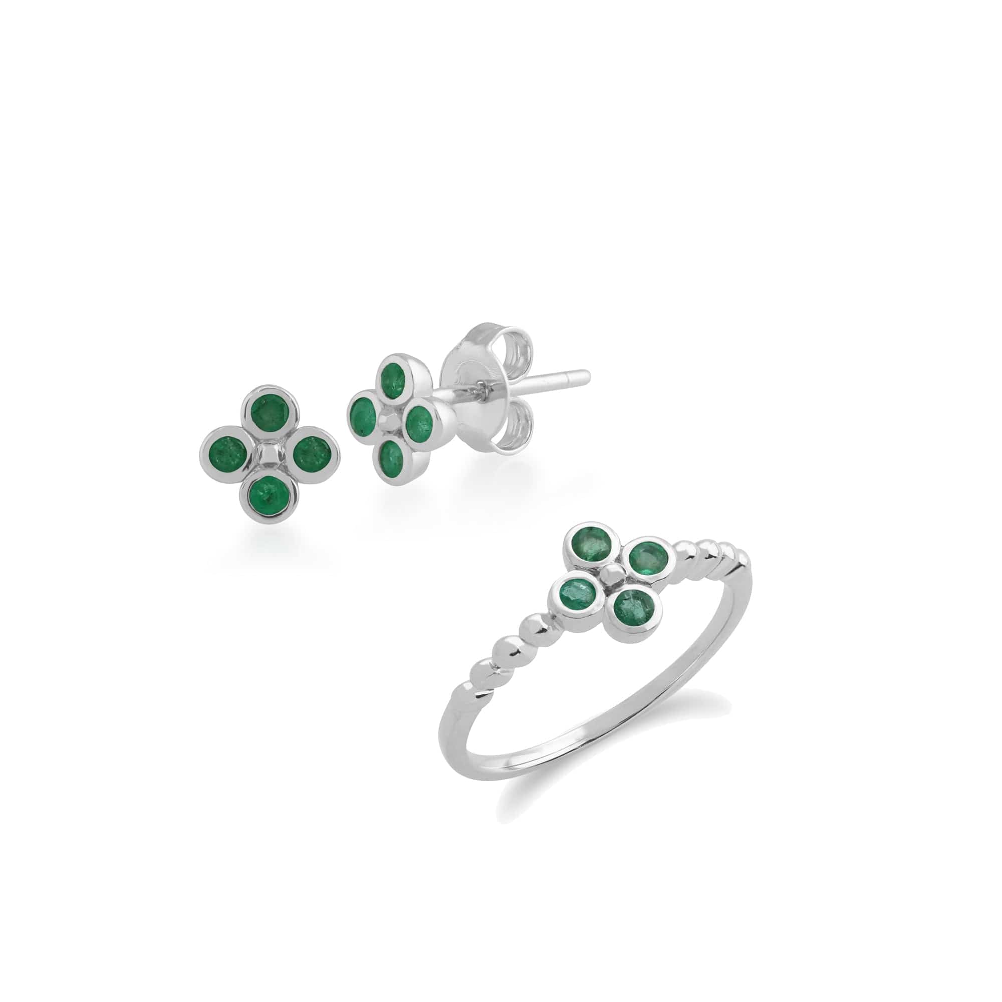 Floral Round Emerald Clover Stud Earrings & Ring Set in 925 Sterling Silver - Gemondo