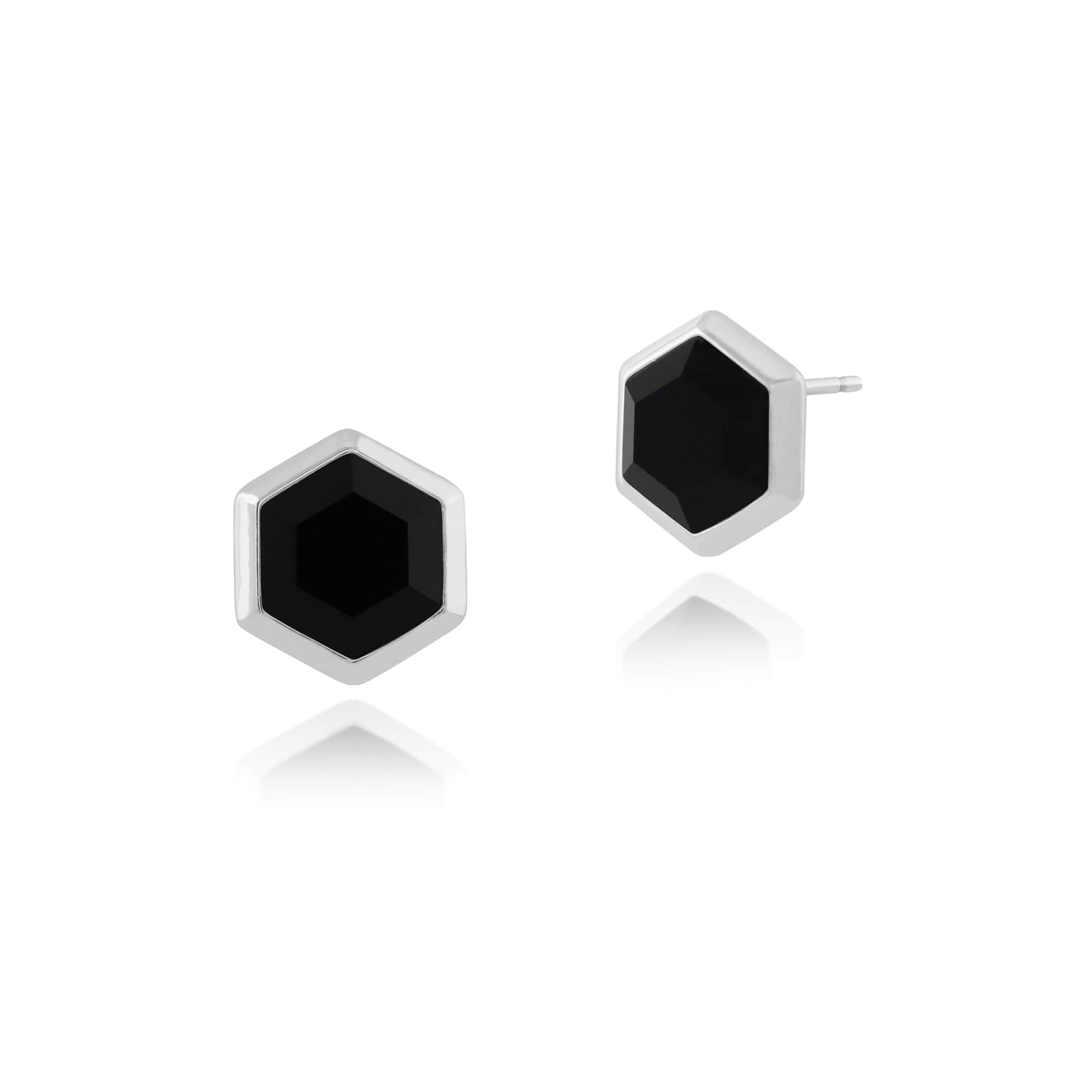 Geometric Hexagon Black Onyx Stud Earrings in 925 Sterling Silver