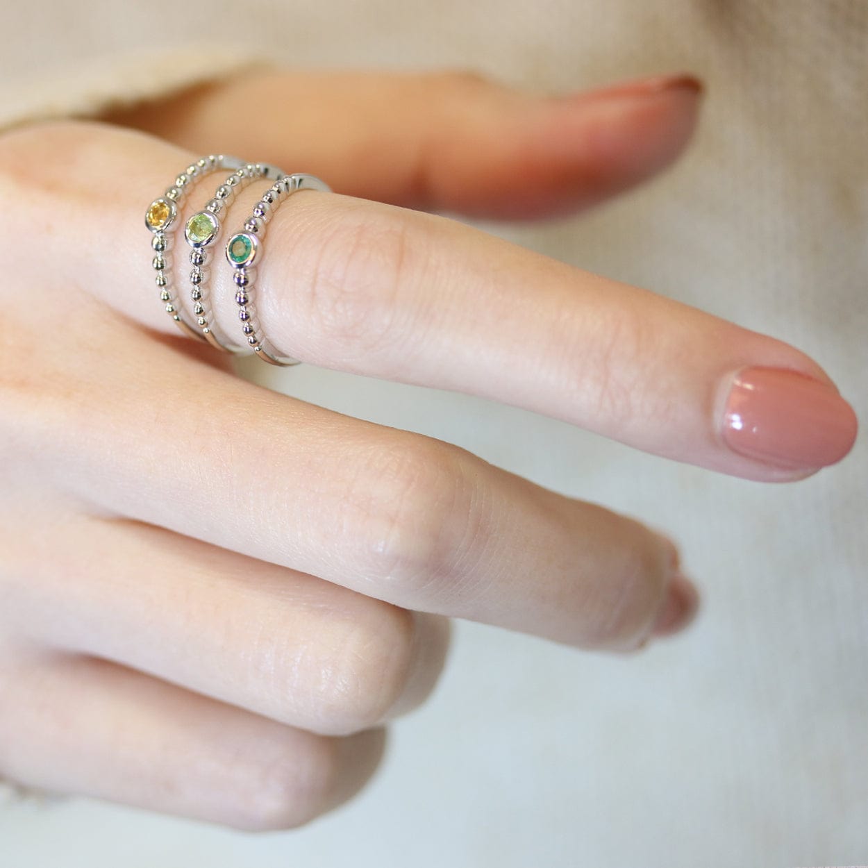 Essential Round Emerald Bezel Set Silver  Stack Ring - Gemondo