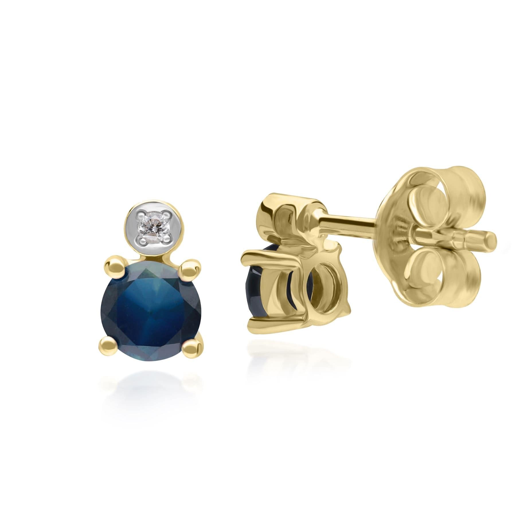 Micro Statement Round Sapphire & Diamond Stud Earrings in 9ct Yellow Gold - Gemondo