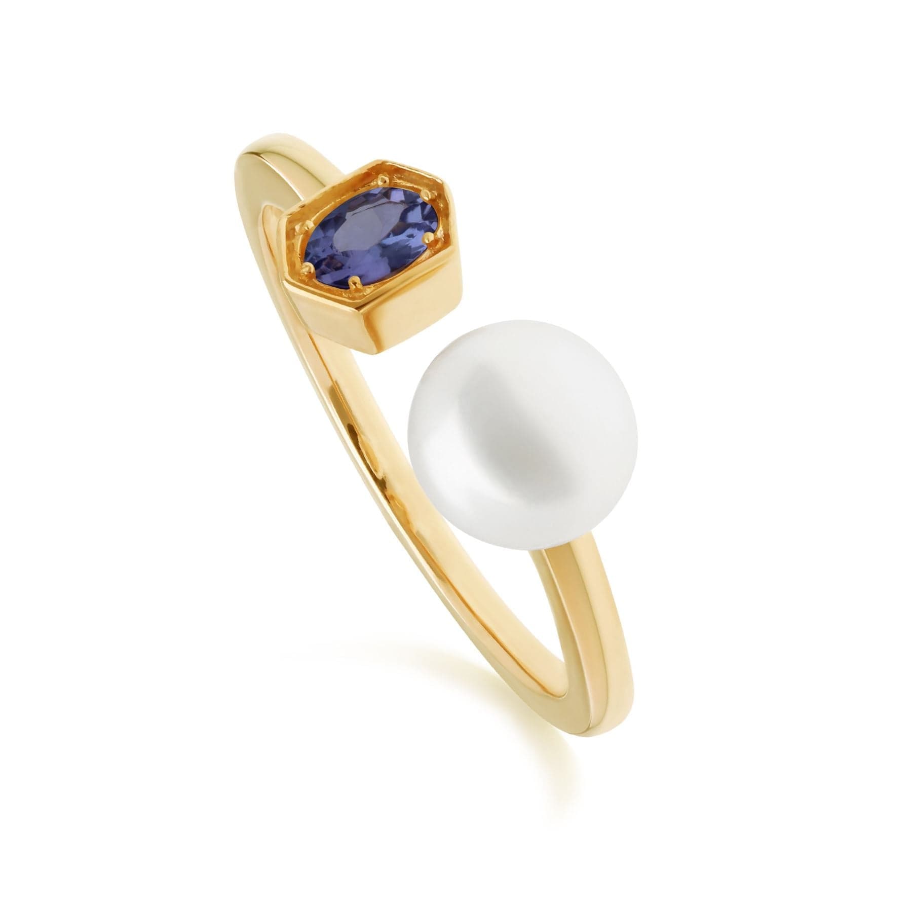 Modern Pearl & Tanzanite Open Ring in Gold Plated Silver - Gemondo