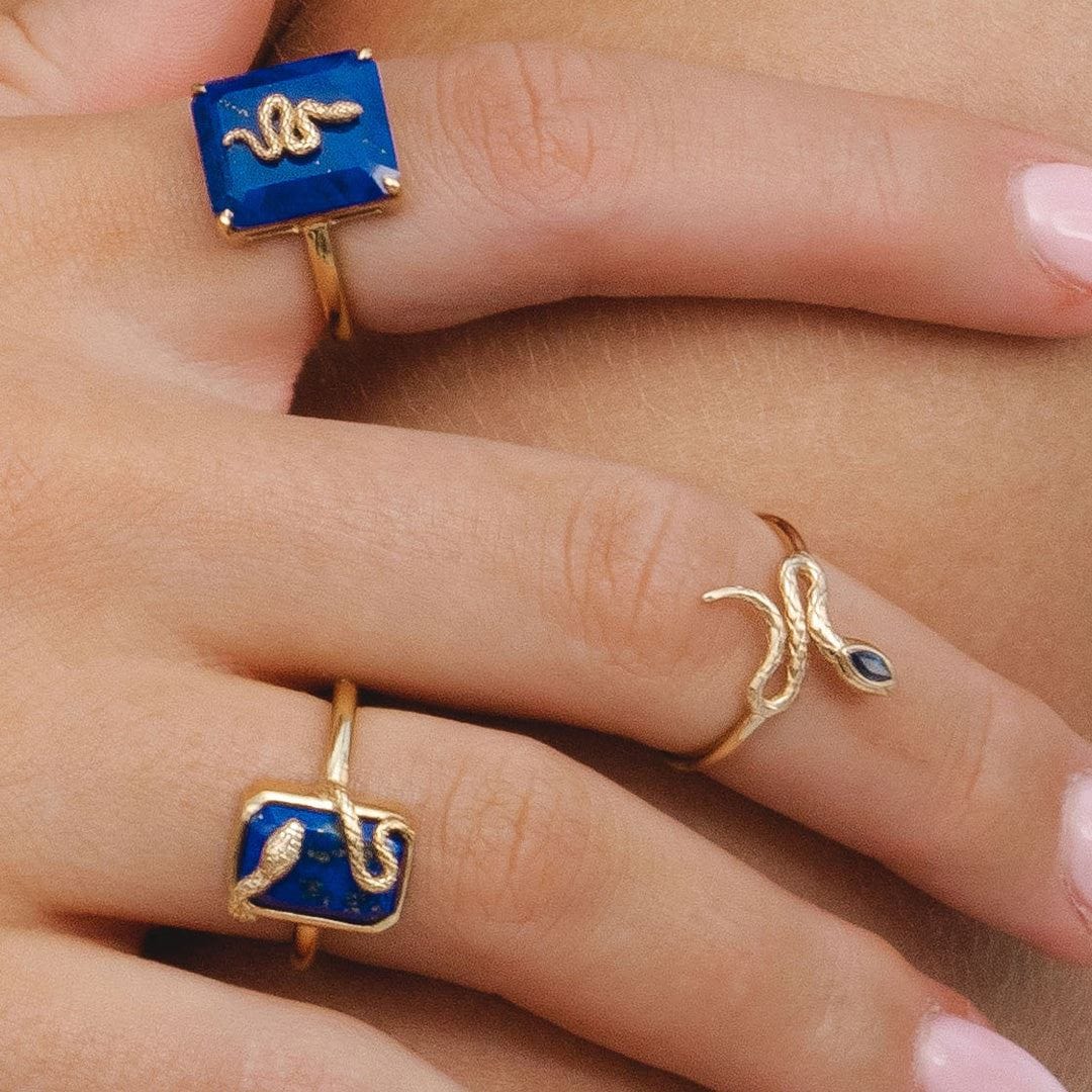Grand Deco Lapis Lazuli Snake Ring in Gold Plated Sterling Silver - Gemondo