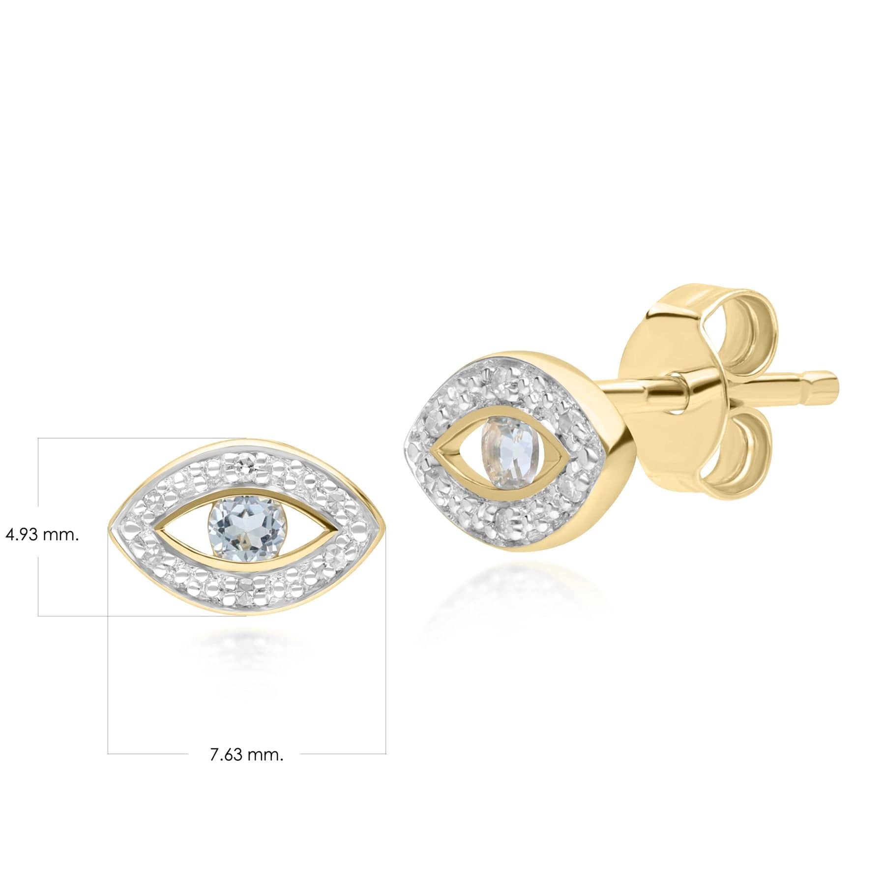 135E1824039 ECFEW™ Dainty Evil Eye Blue Topaz & Diamond Stud Earrings in 9ct Yellow Gold Dimensions