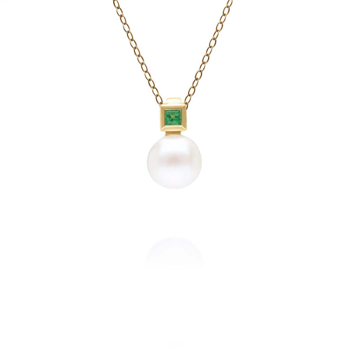 135P2092019 Modern Pearl & Square Emerald Pendant in 9ct Yellow Gold 1