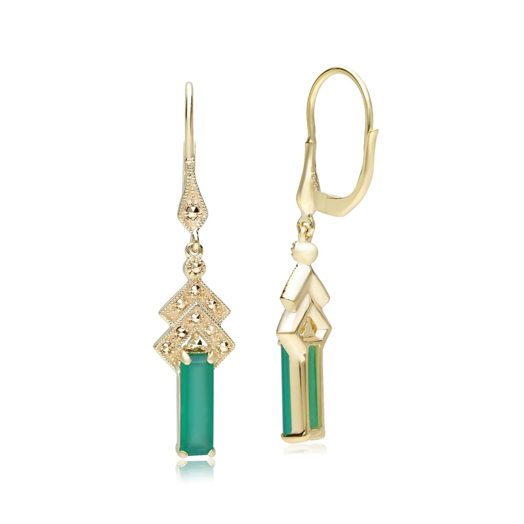234E037601925 Art Deco Inspired Green Chalcedony & Marcasite Drop Earrings in 18ct Gold Plated Silver 4