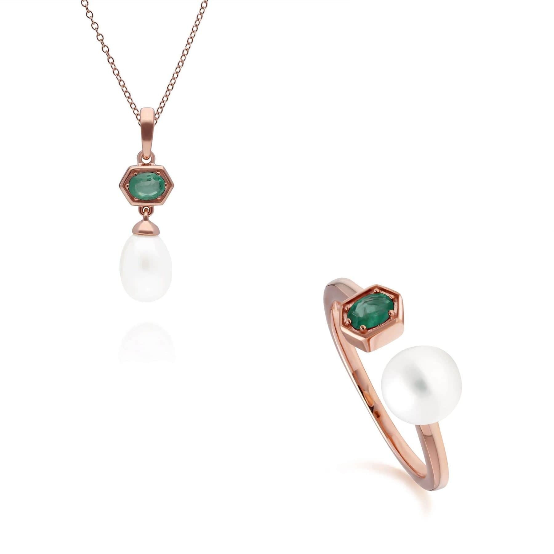 270P030403925-270R058903925 Modern Pearl & Emerald Pendant & Ring Set in Rose Gold Plated Silver 1
