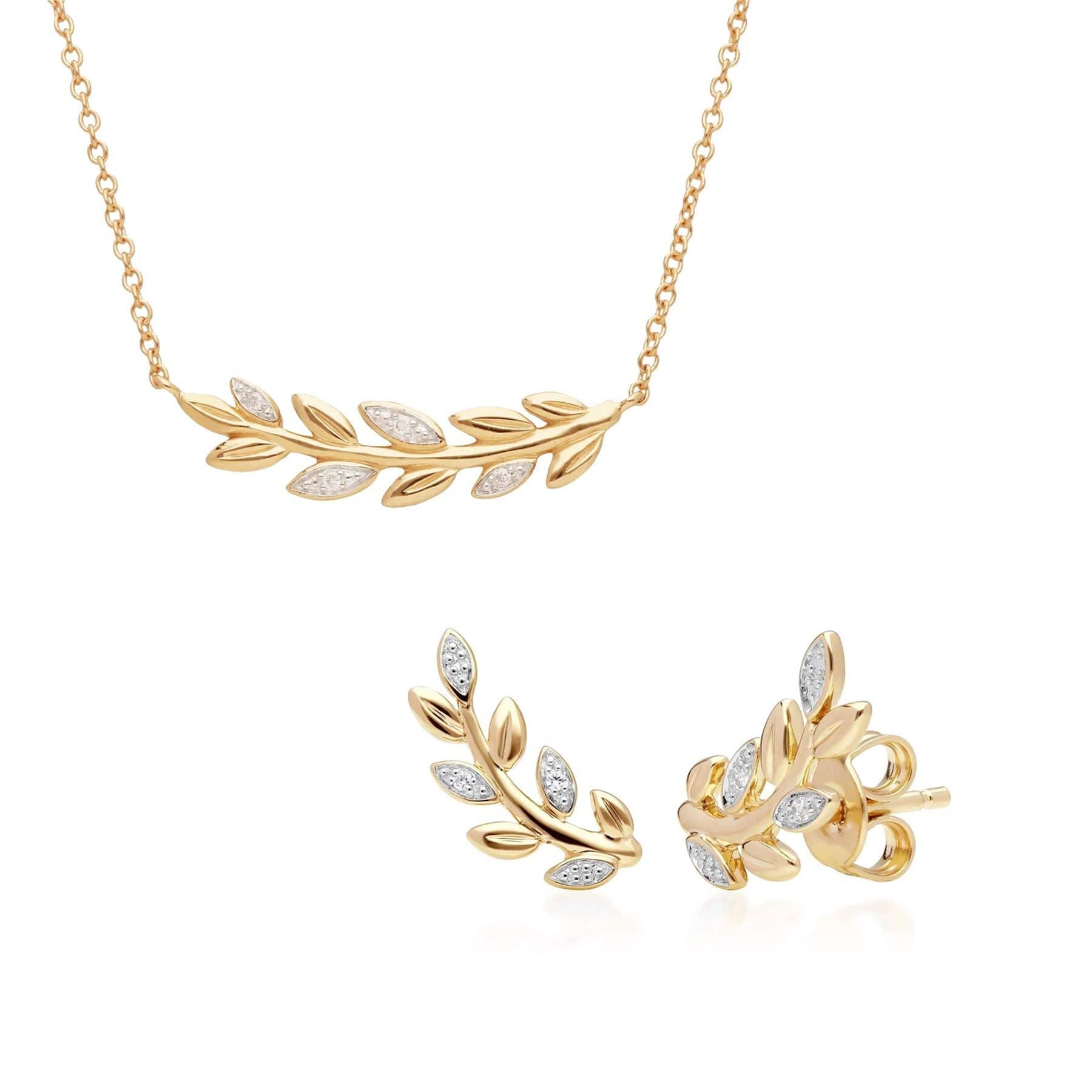 O Leaf Diamond Necklace and Stud Earring Set in 9ct Yellow Gold - Gemondo