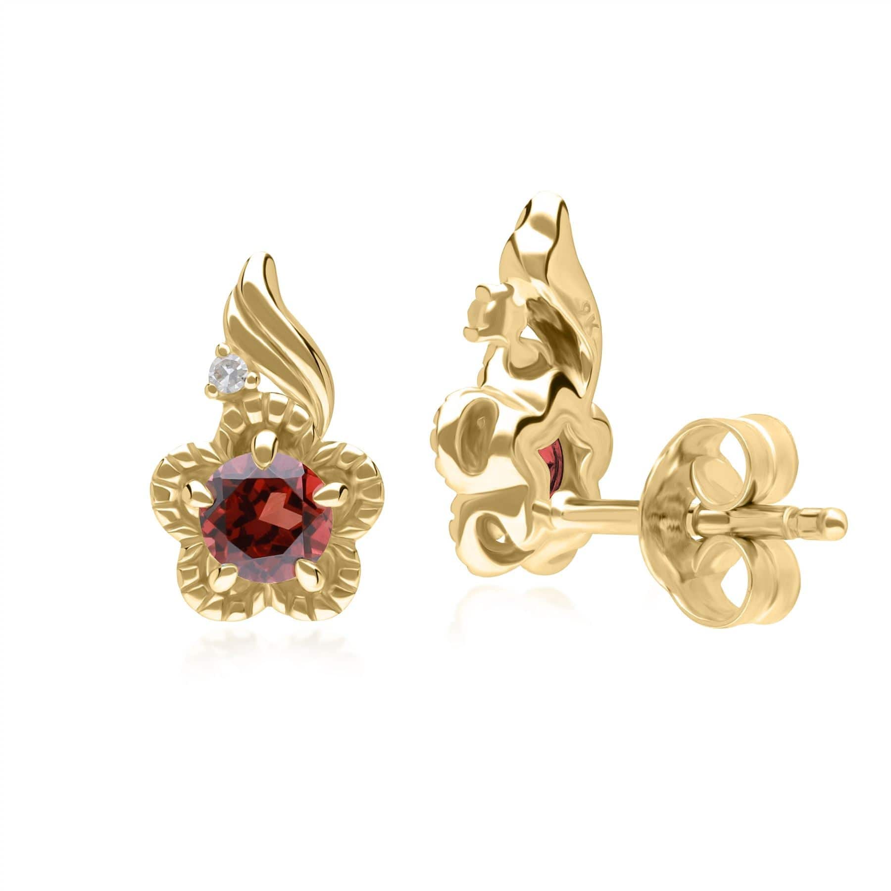 135E1813039 Floral Round Garnet & Diamond Stud Earrings in 9ct Yellow Gold 3