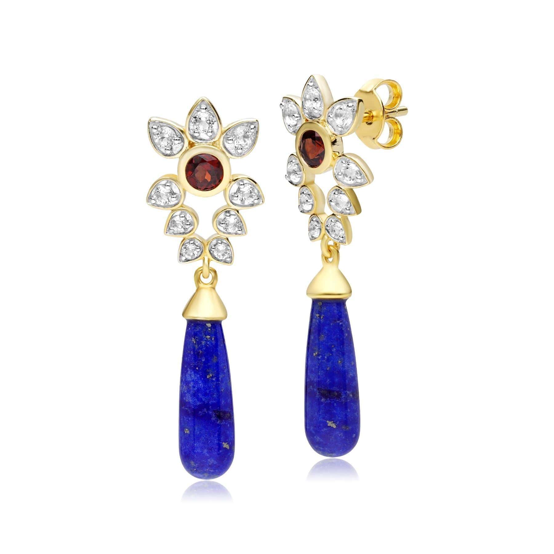 253E337401925 ECFEW™ Creator Lapis Lazuli, White Topaz & Garnet Floral Dangle Drop Earrings In Sterling Silver 3