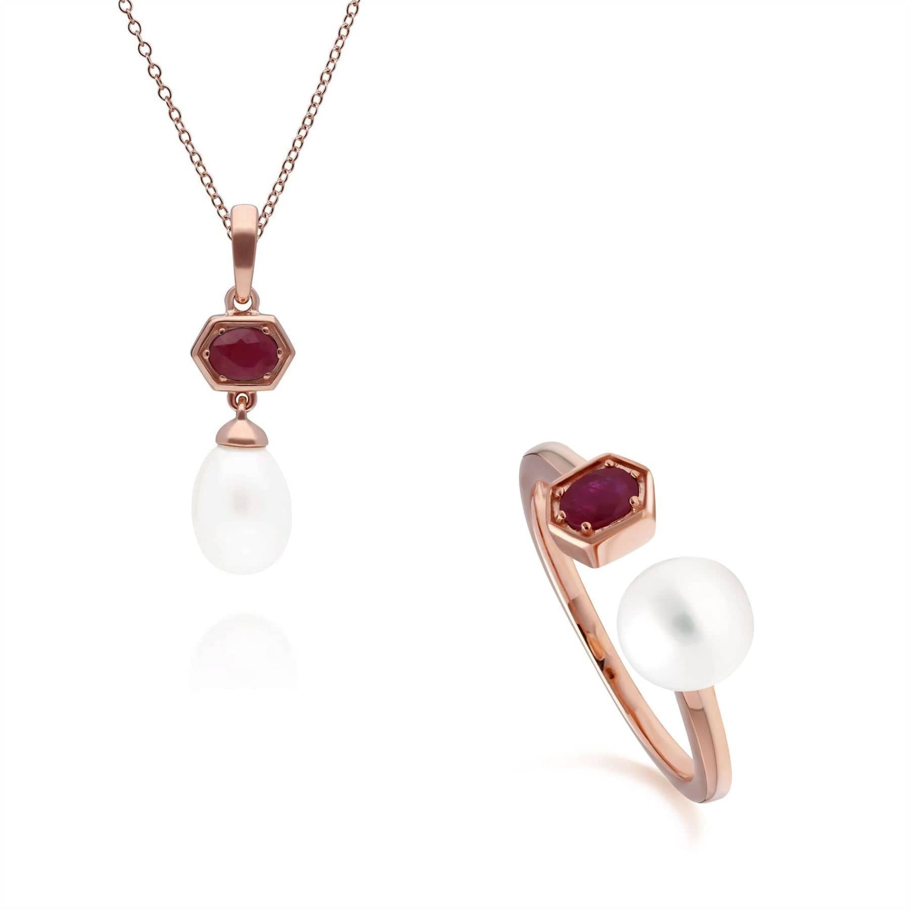 Modern Pearl & Ruby Pendant & Ring Set in Rose Gold Plated Silver - Gemondo