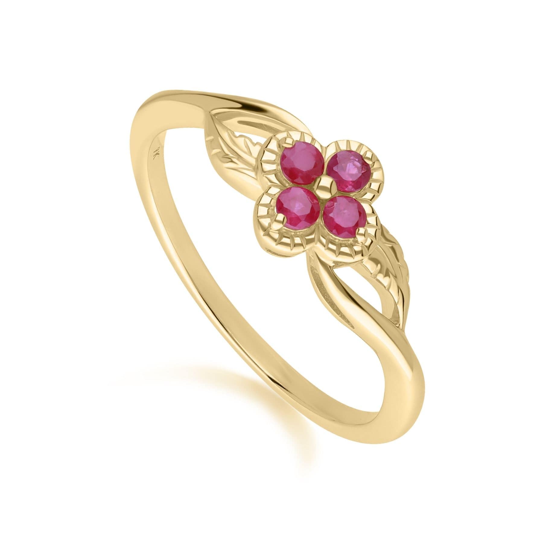 Floral Round Ruby Ring in 9ct Yellow Gold - Gemondo