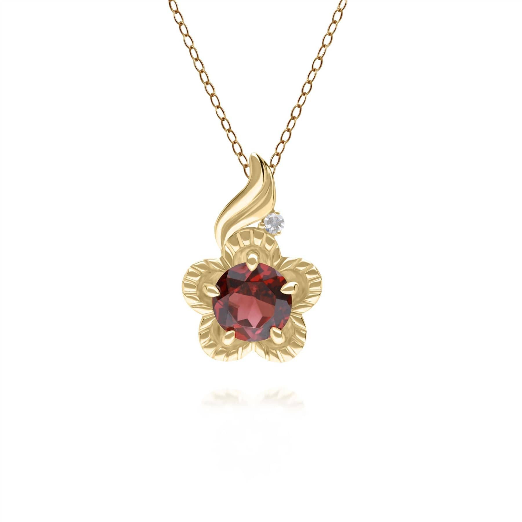 135P2097039 Floral Round Garnet & Diamond Pendant in 9ct Yellow Gold 1