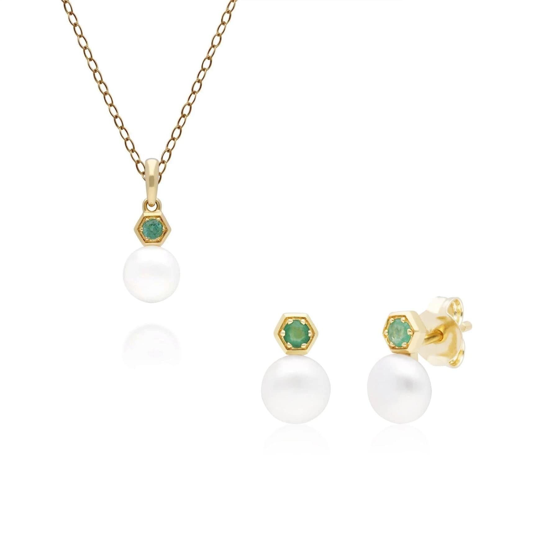 Modern Pearl & Emerald Pendant & Earring Set in 9ct Gold - Gemondo