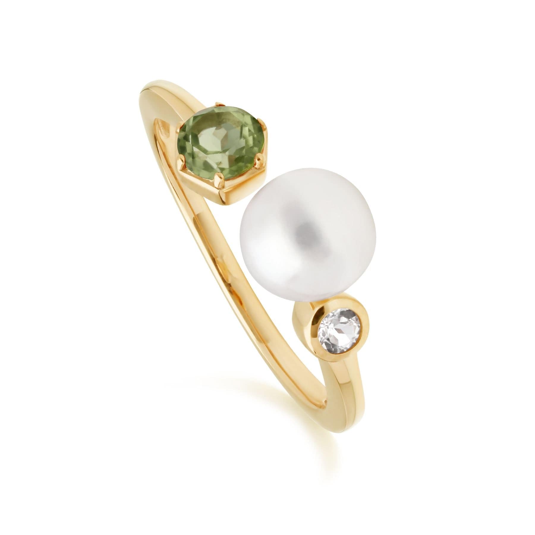 270R058606925 Modern Pearl, Peridot & Topaz Open Ring in Gold Plated Silver 1