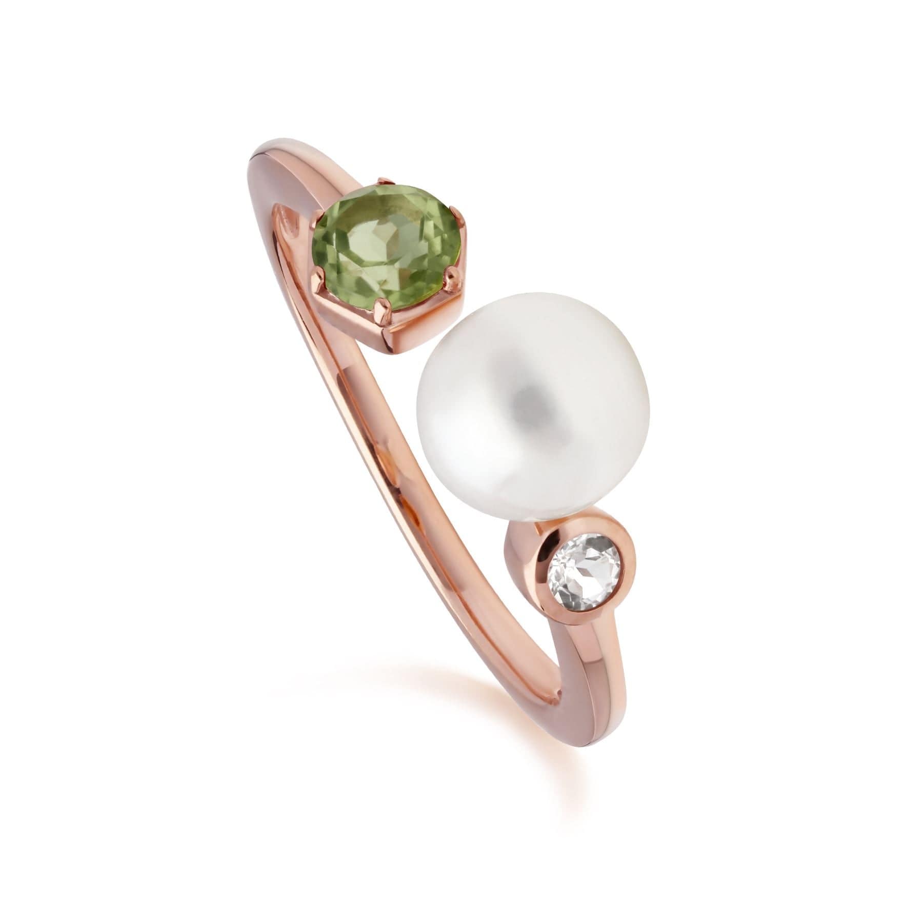270R058806925 Modern Pearl, Peridot & Topaz Open Ring in Rose Gold Plated Silver 1
