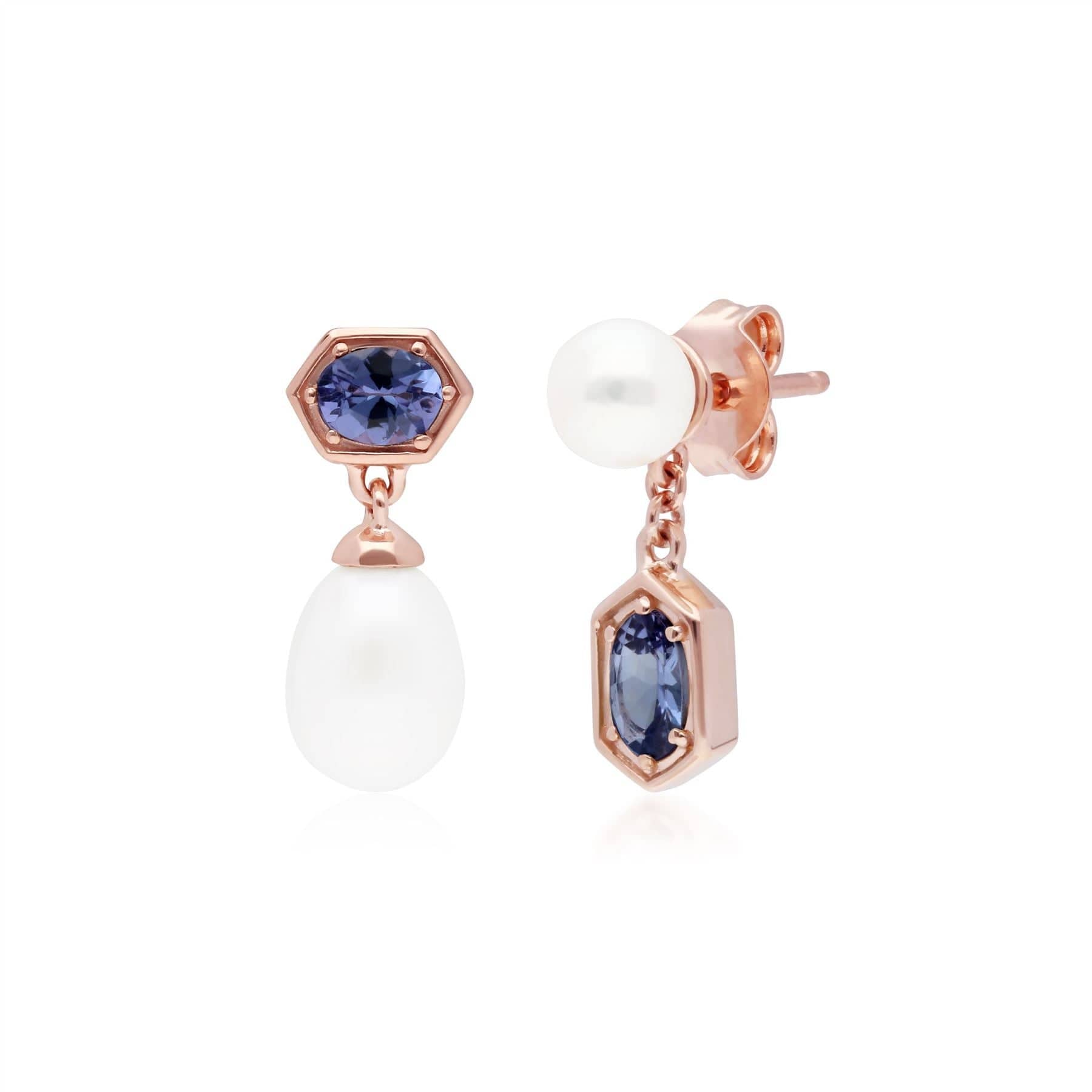 270E030408925 Modern Pearl & Tanzanite Mismatched Drop Earrings in Rose Gold Plated Silver 1