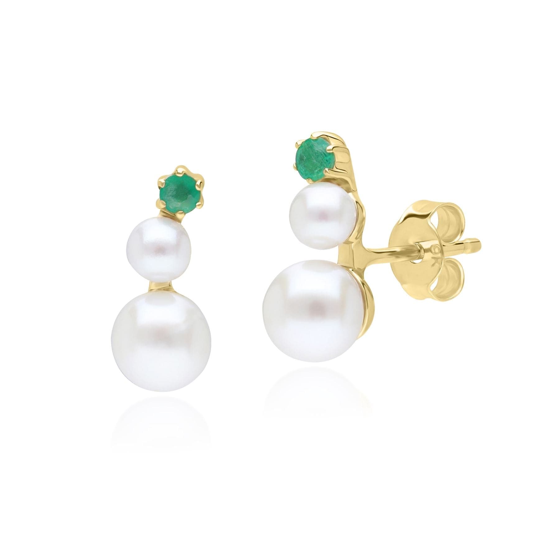 Modern Pearl & Emerald Climber Stud Earrings in 9ct Yellow Gold - Gemondo