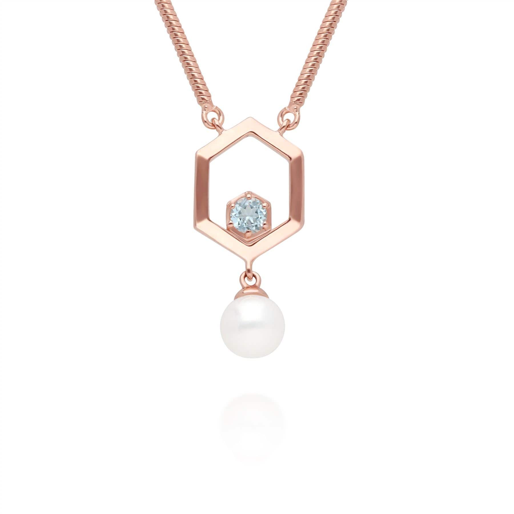 270N035605925 Modern Pearl & Aquamarine Hexagon Drop Necklace in Rose Gold Plated Silver 1
