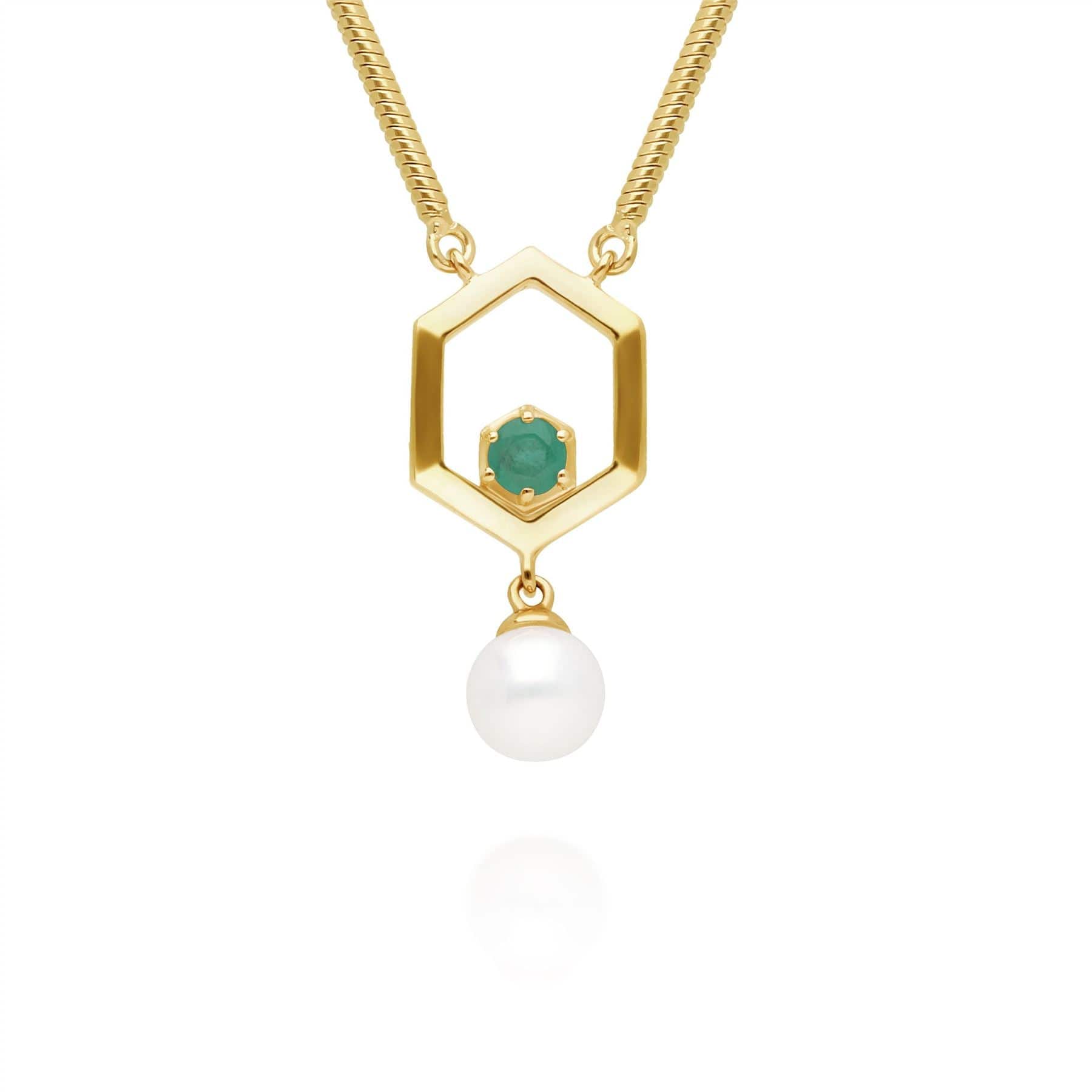 270N035803925 Modern Pearl & Emerald Hexagon Drop Necklace in Gold Plated Silver 1