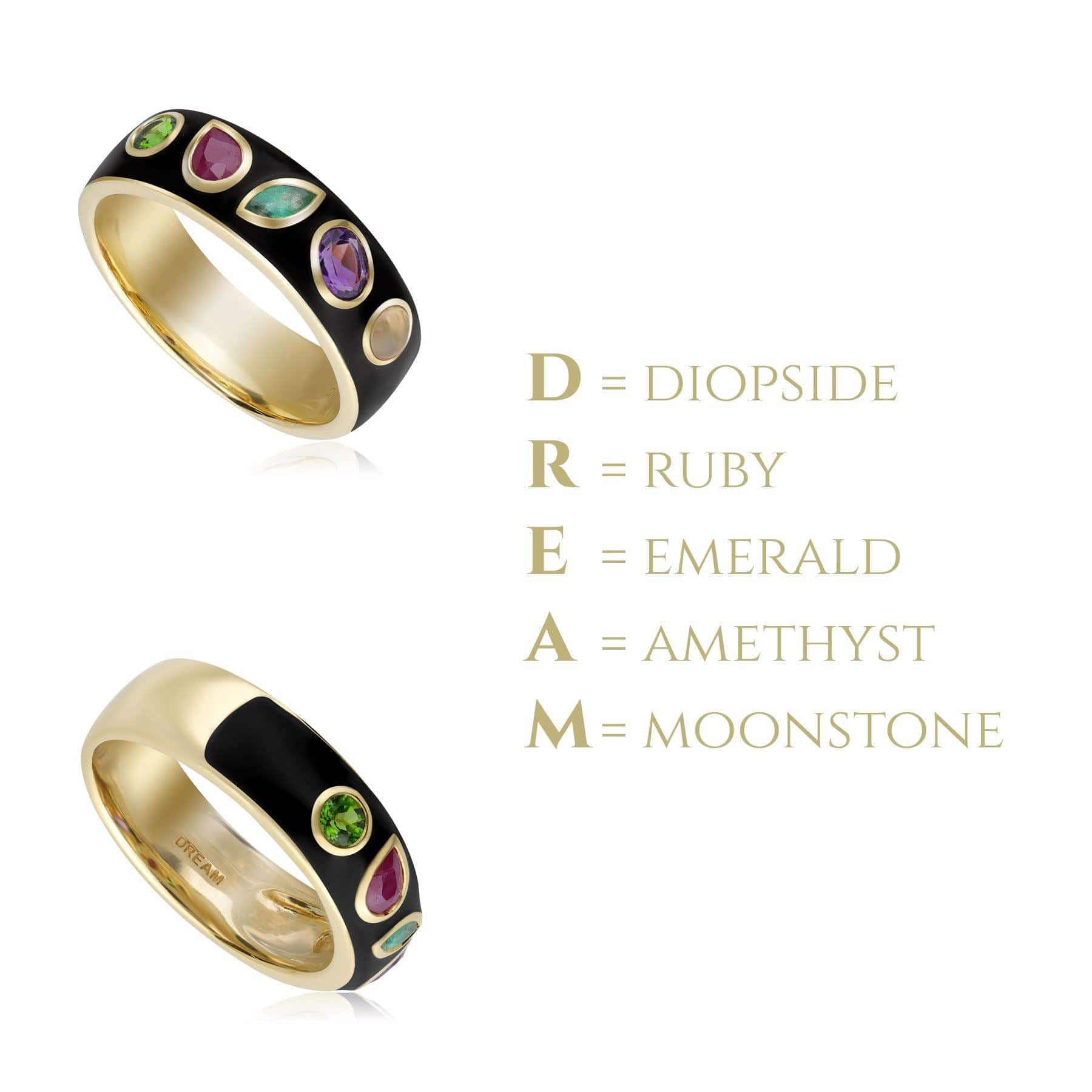 253R663901925 Coded Whispers Black Enamel 'Dream' Acrostic Gemstone Ring In Yellow Gold Plated Silver 4