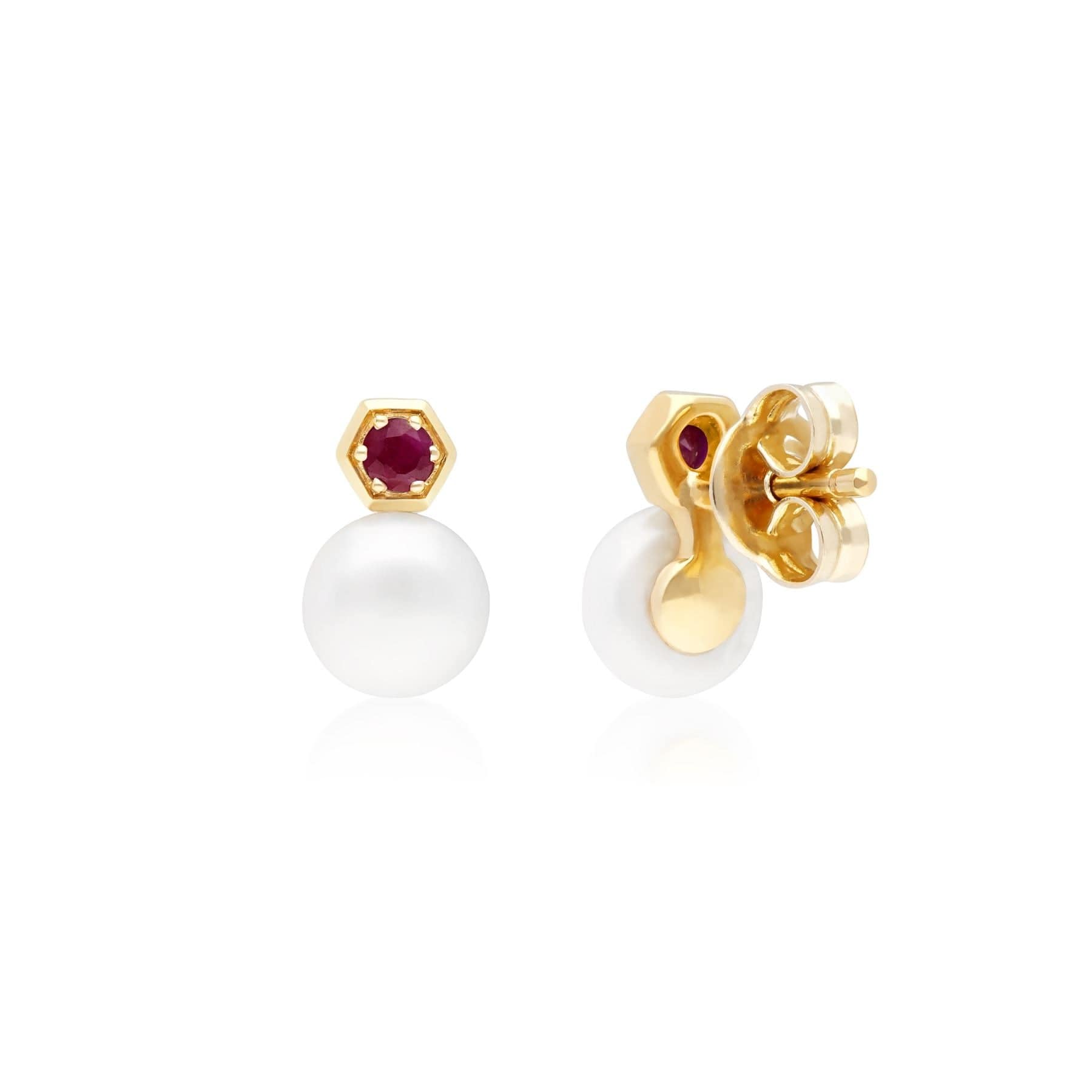 135E1633029 Modern Pearl & Ruby Stud Earrings in 9ct Gold 2