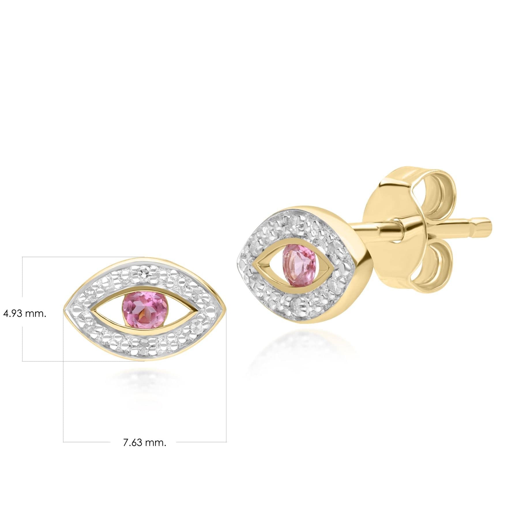 135E1824019 ECFEW™ Dainty Evil Eye Pink Tourmaline & Diamond Stud Earrings in 9ct Yellow Gold Dimensions