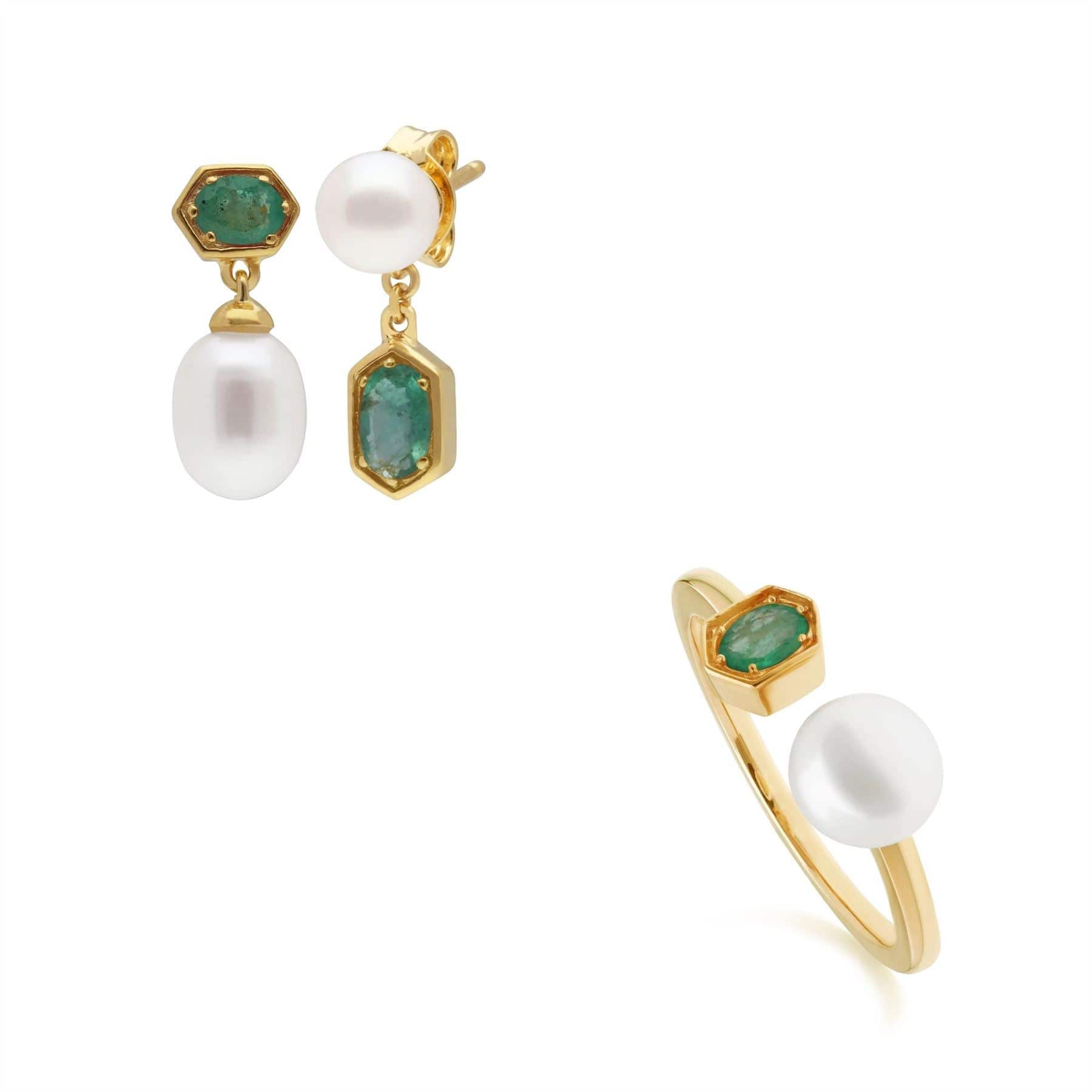 270E030203925-270R058703925 Modern Pearl & Emerald Earring & Ring Set in Gold Plated Silver 1