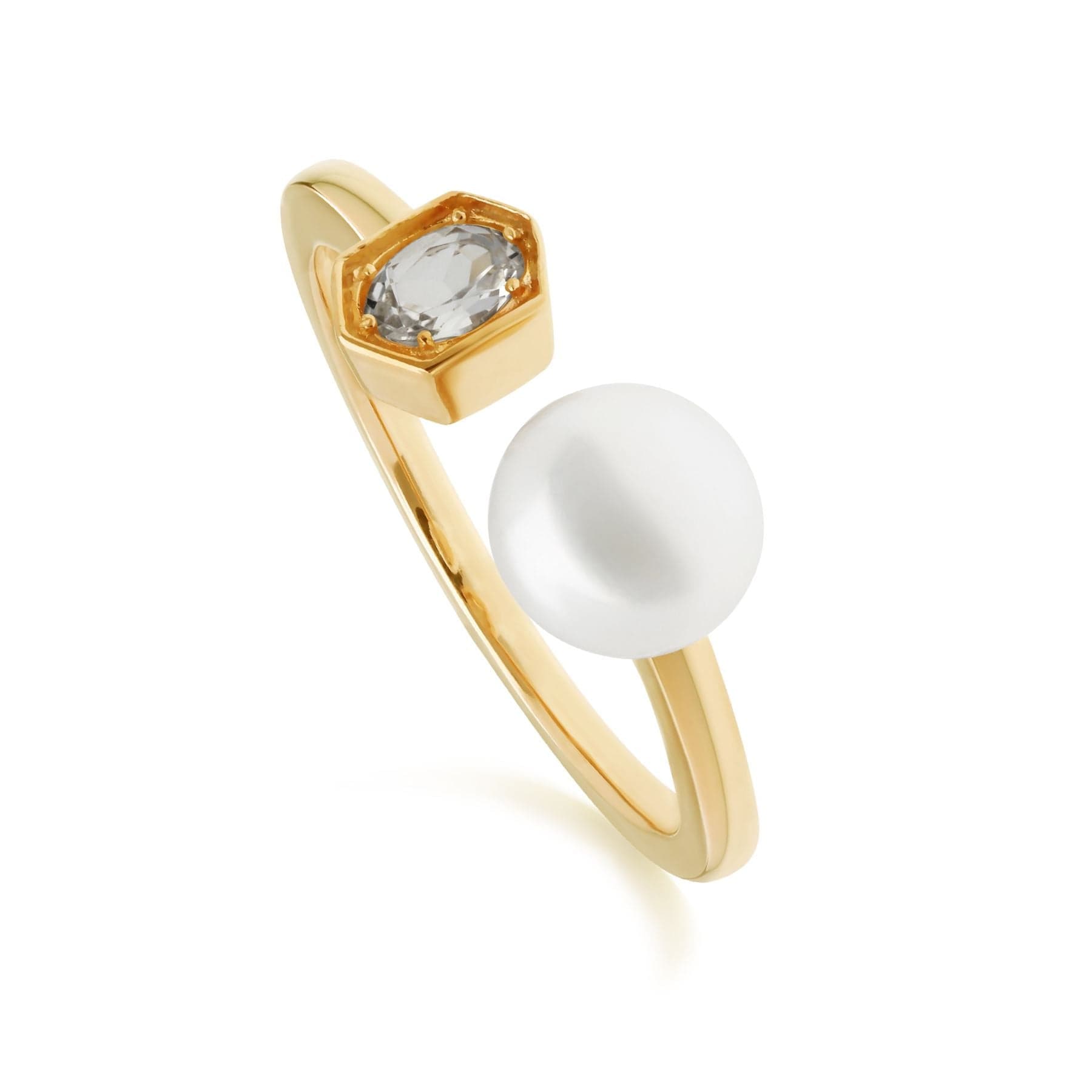 270R058710925 Modern Pearl & White Topaz Open Ring in Gold Plated Silver 1