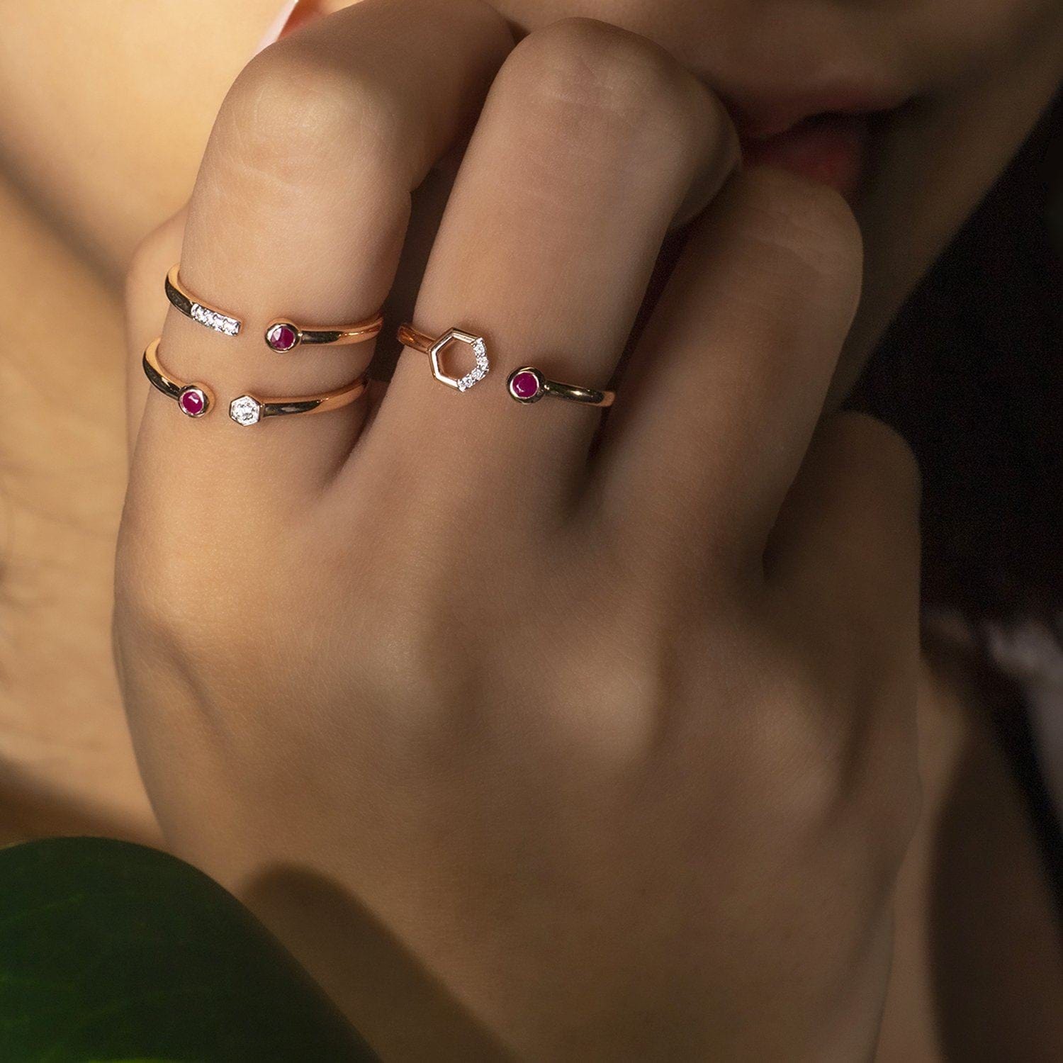 Contemporary Ruby & Diamond Geometric Open Ring in 9ct Rose Gold - Gemondo