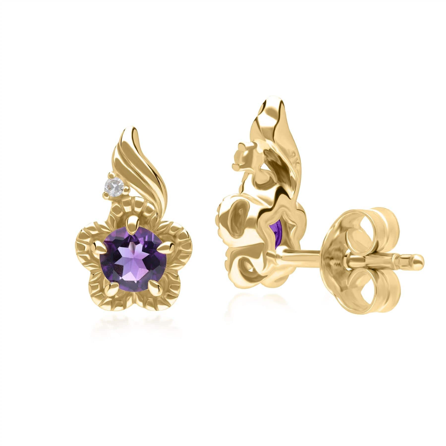 135E1813049 Floral Round Amethyst & Diamond Stud Earrings in 9ct Yellow Gold 3