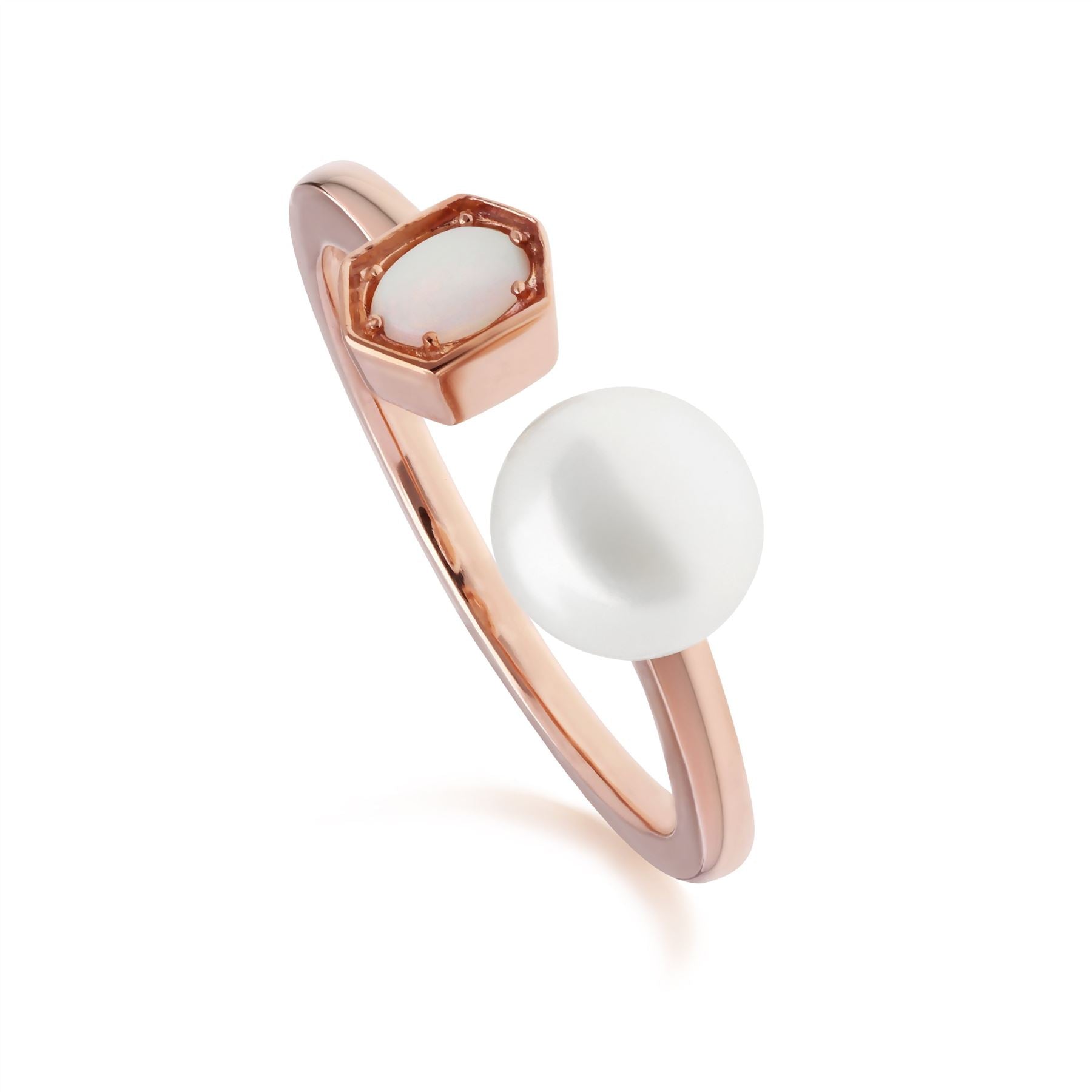 270R059201925 Modern Pearl & Opal Open Ring in Rose Gold Plated Silver 1