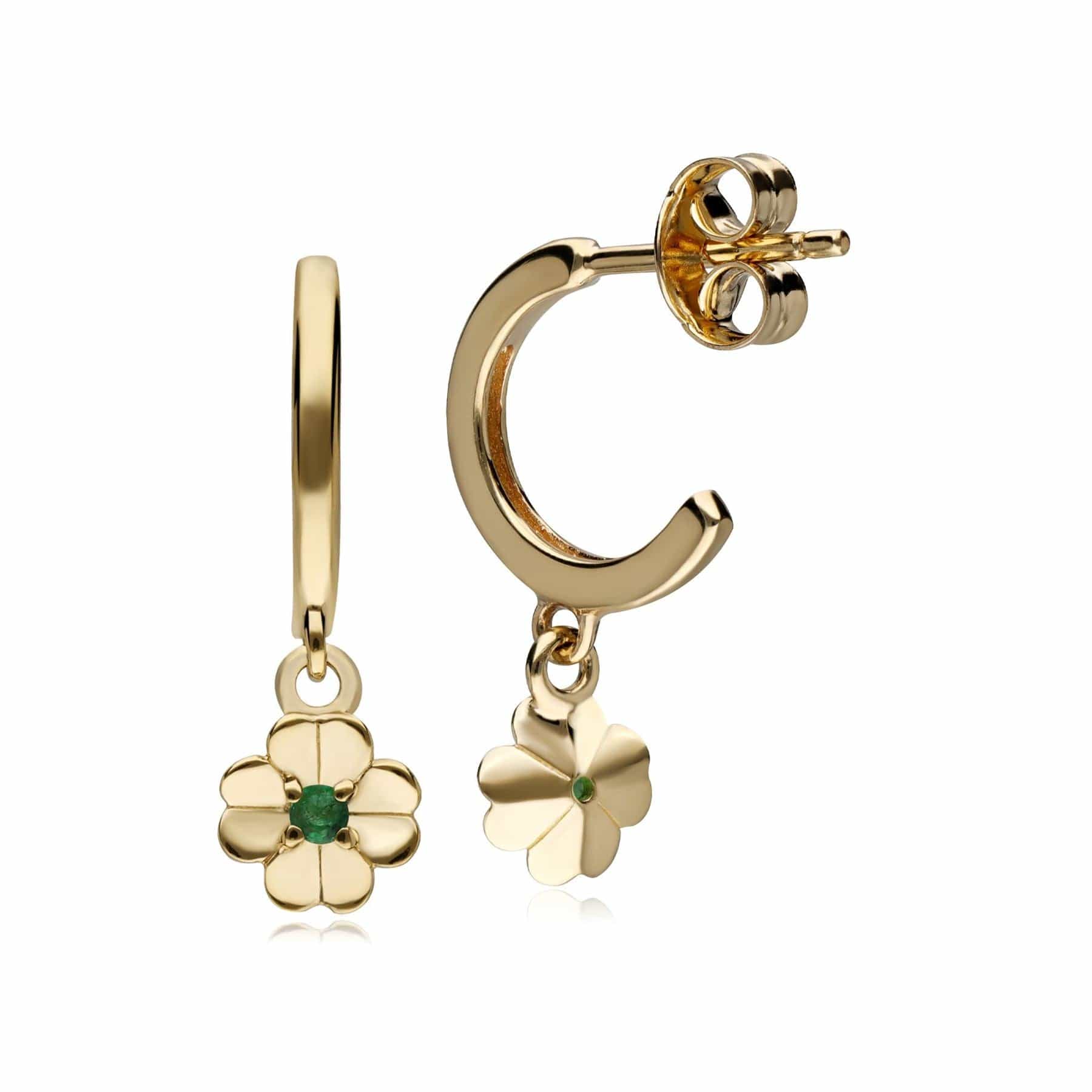132E2681019 Gardenia Emerald Clover Hoop Earrings In 9ct Yellow Gold 3