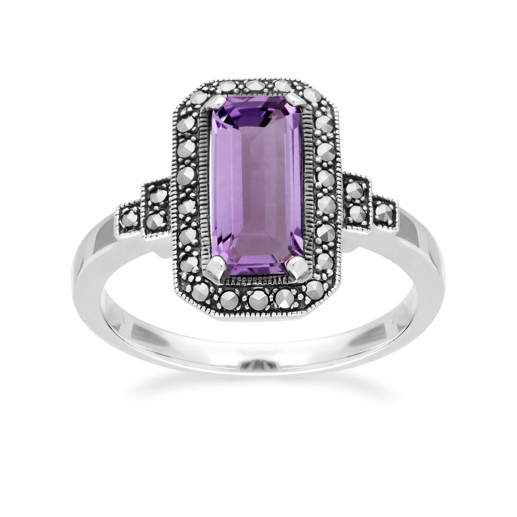 214R614703925 Art Deco Inspired Octagon Cut Amethyst & Marcasite Ring In Sterling Silver 3