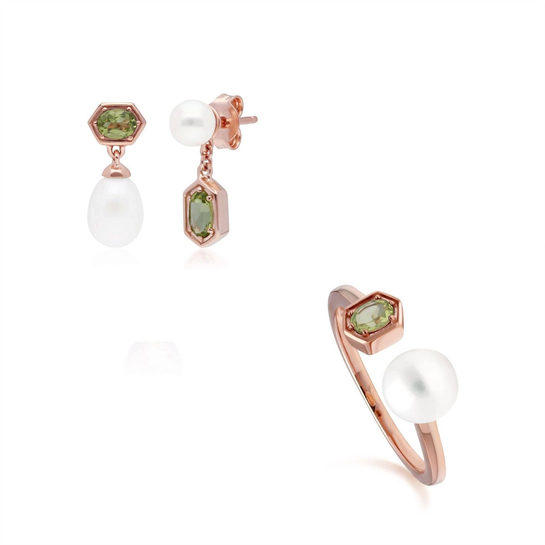270E030406925-270R058907925 Modern Pearl & Peridot Earring & Ring Set in Rose Gold Plated Silver 1