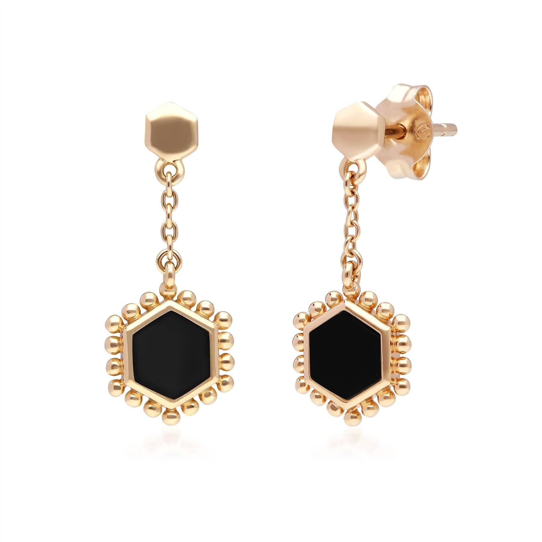 271E020802925 Black Onyx Flat Slice Hex Drop Earrings in Gold Plated Sterling Silver 1