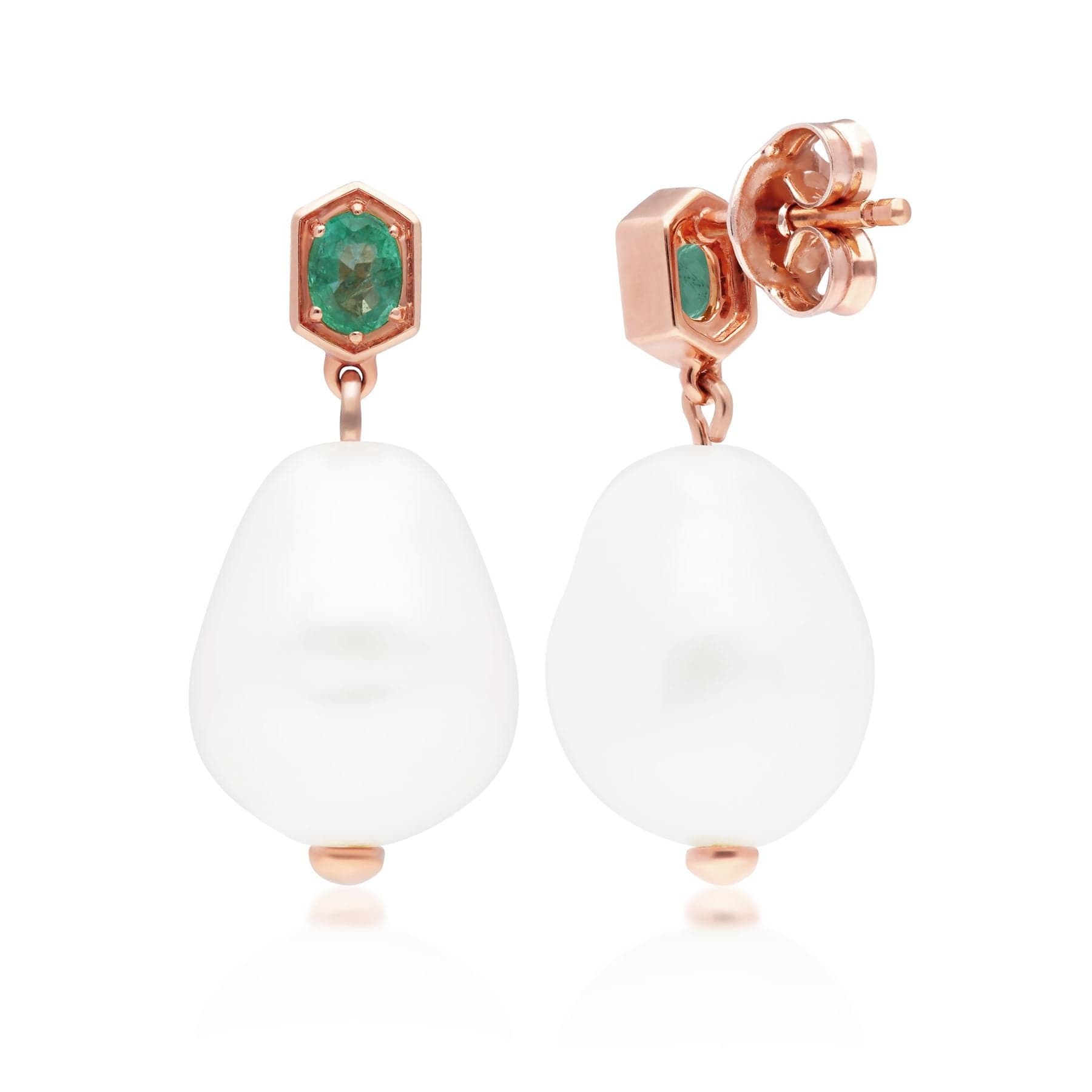 270E030503925 Modern Baroque Pearl & Emerald Drop Earrings in Rose Gold Plated Silver 3