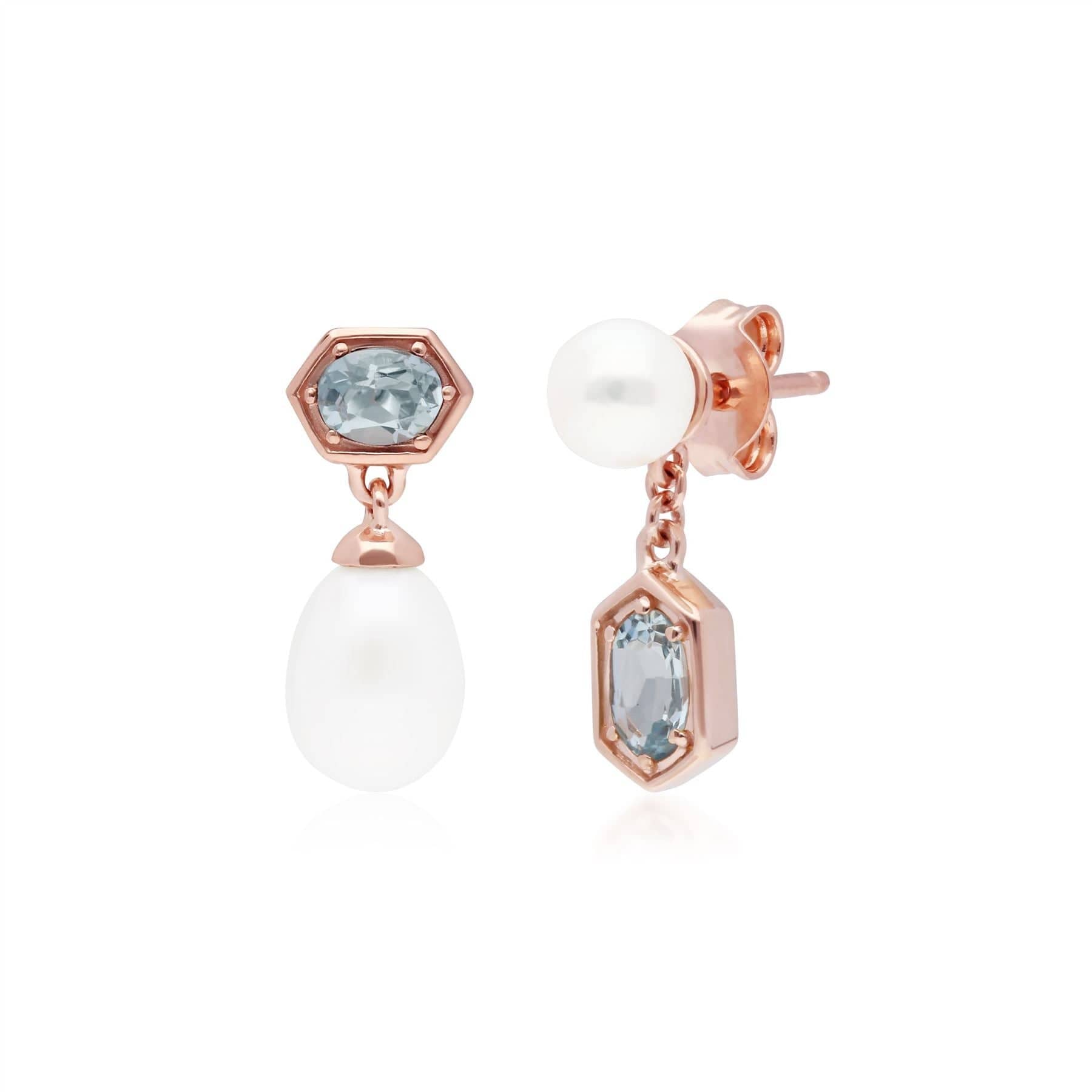270E030404925 Modern Pearl & Aquamarine Mismatched Drop Earrings in Rose Gold Plated Silver 1