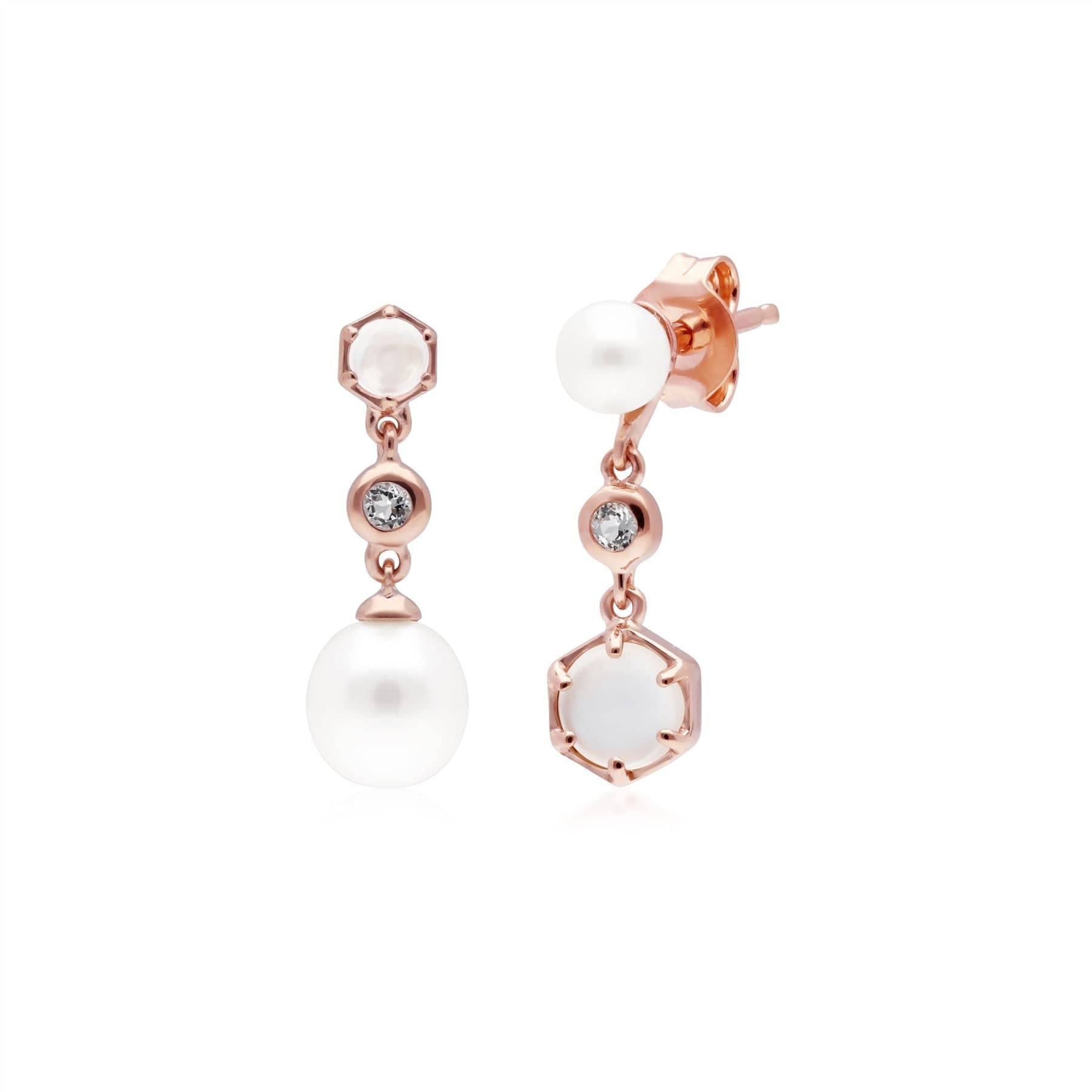 270E030902925 Modern Pearl, Moonstone & Topaz Mismatched Drop Earrings in Rose Gold Plated Silver 1