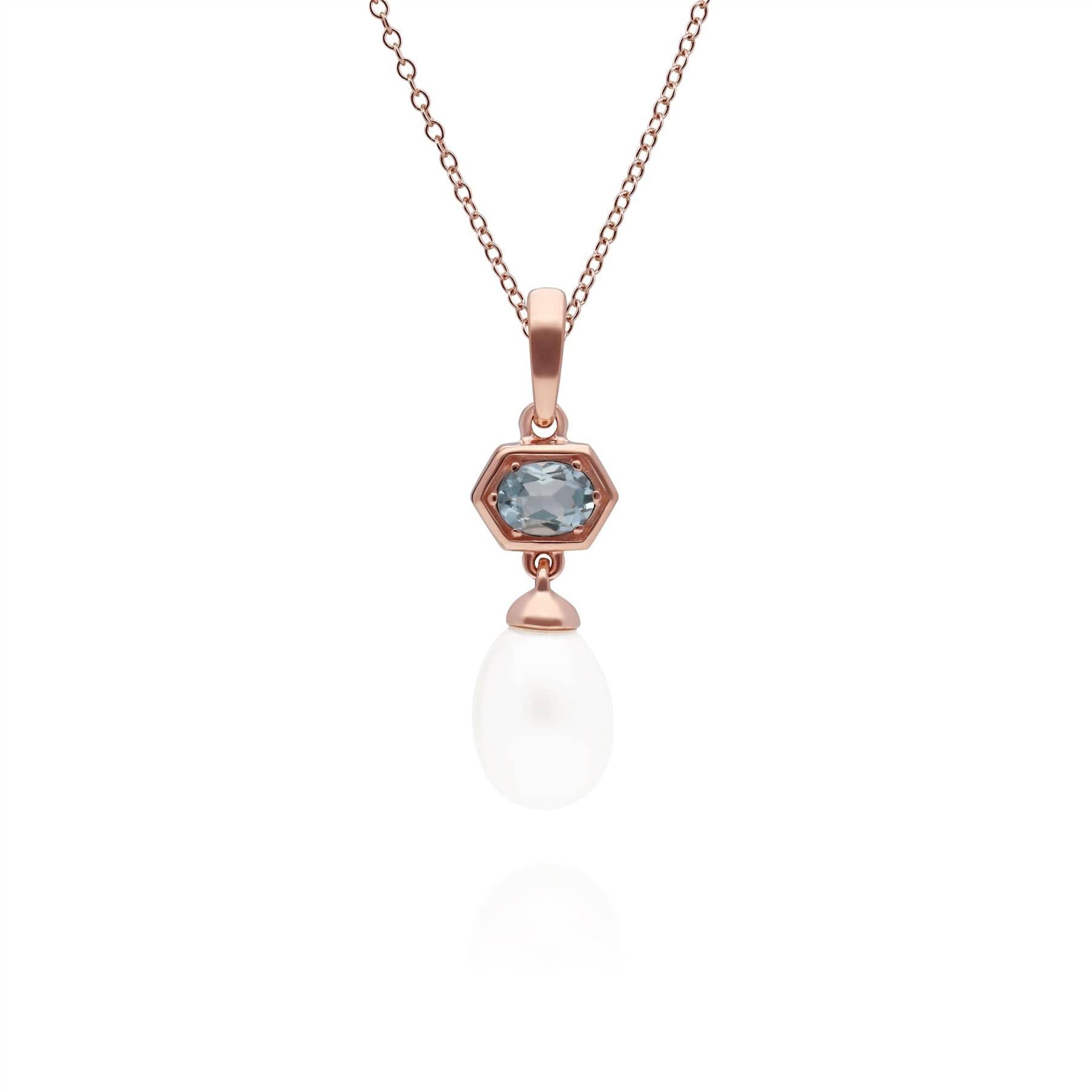 Modern Pearl & Aquamarine Hexagon Drop Pendant in Rose Gold Plated Sterling Silver