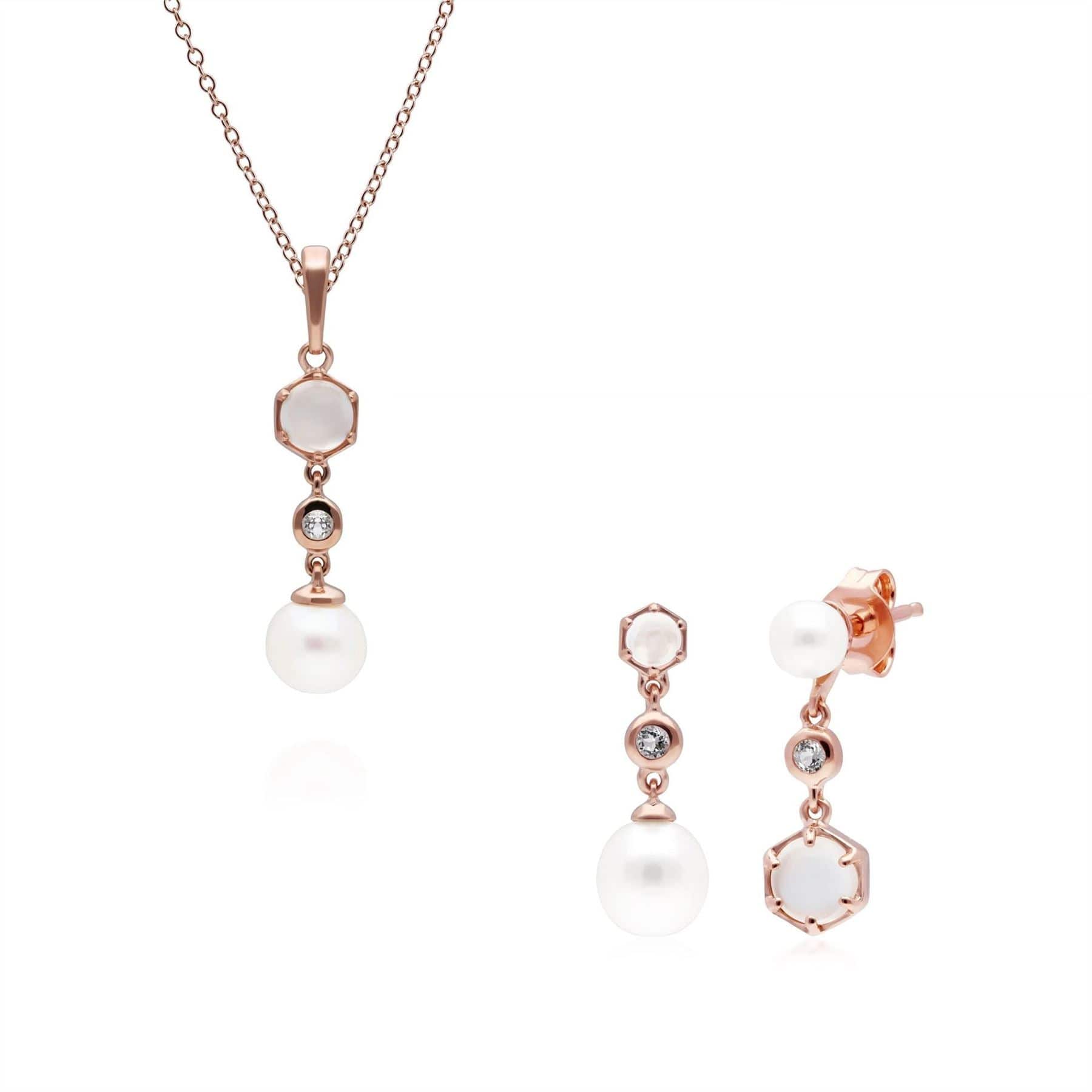 270P030702925-270E030902925 Modern Pearl, Moonstone & Topaz Pendant & Drop Earring Set in Rose Gold Plated Silver 1