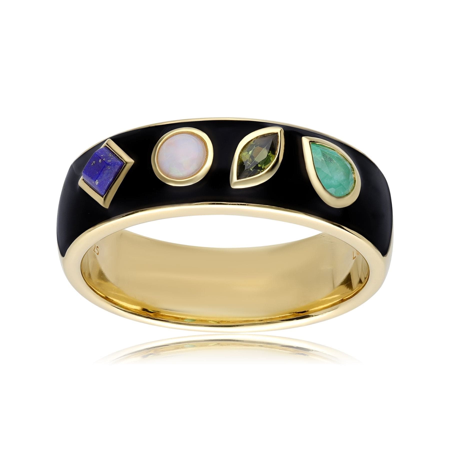 253R663701925 Coded Whispers Black Enamel 'Love' Acrostic Gemstone Ring In Yellow Gold Plated Silver 5
