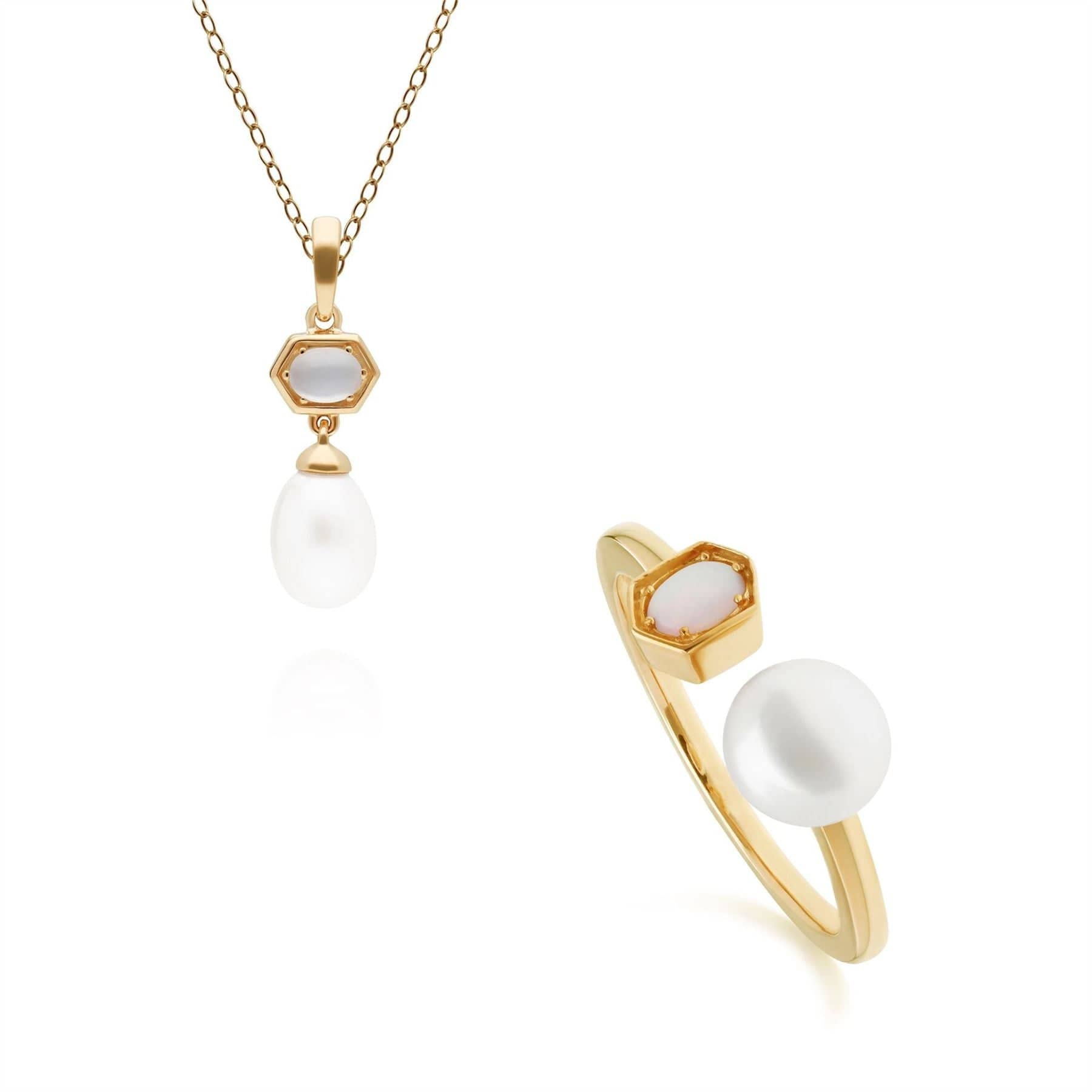 270P030602925-270R059002925 Modern Pearl & Moonstone Pendant & Ring Set in Gold Plated Silver 1