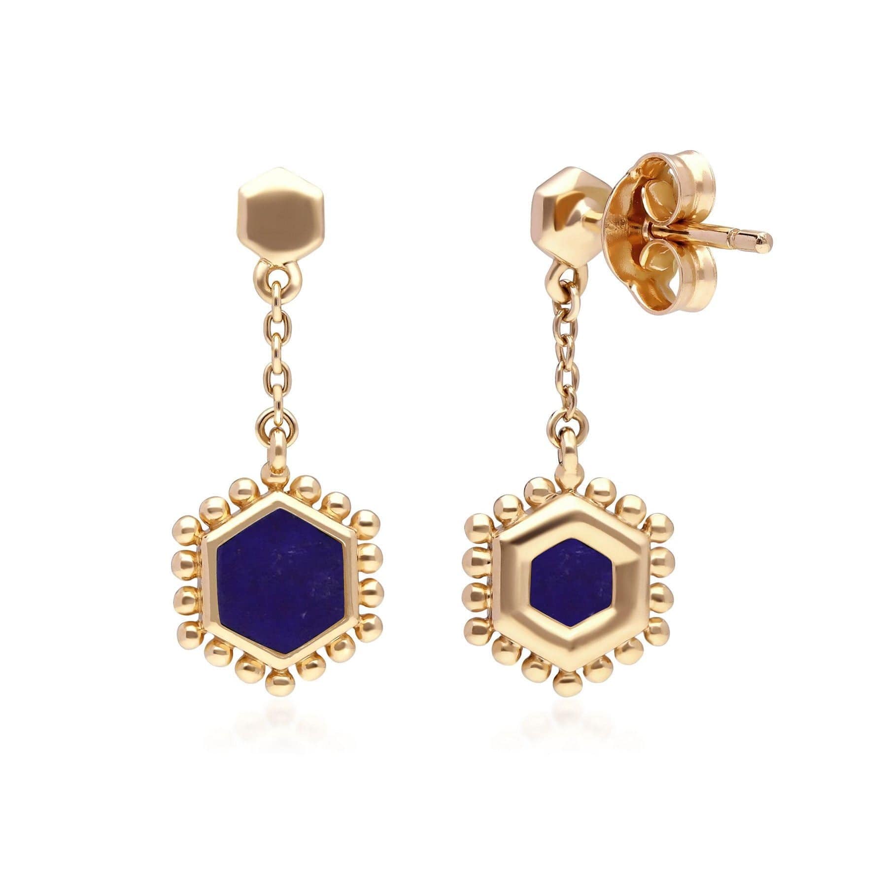 Lapis Lazuli Flat Slice Hex Drop Earrings in Gold Plated 925 Sterling Silver