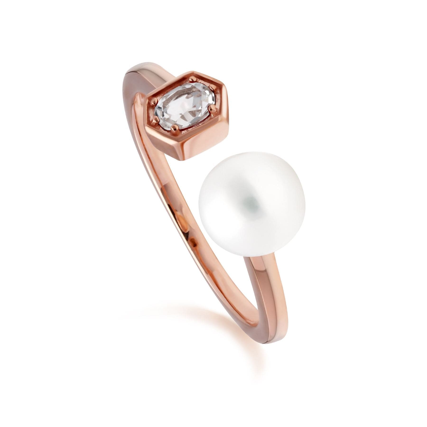 270R058910925 Modern Pearl & White Topaz Open Ring in Rose Gold Plated Silver 1