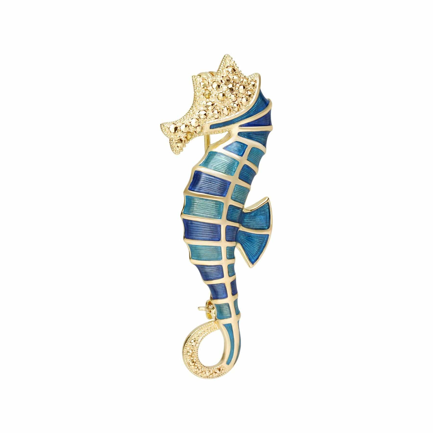 234C002901925 Marcasite & Enamel Seahorse Brooch in 18ct Gold Plated Silver 2