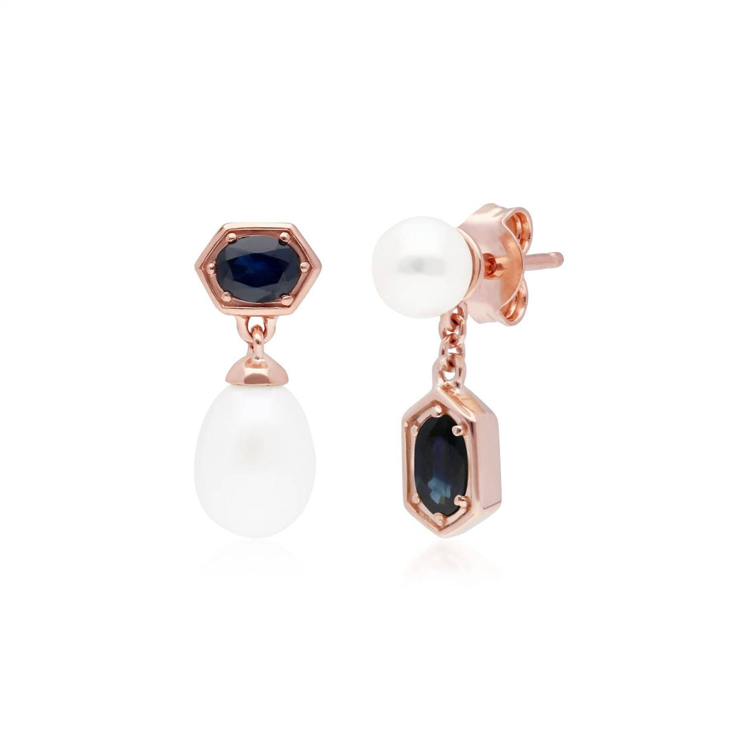 270E030401925 Modern Pearl & Sapphire Mismatched Drop Earrings in Rose Gold Plated Silver 1