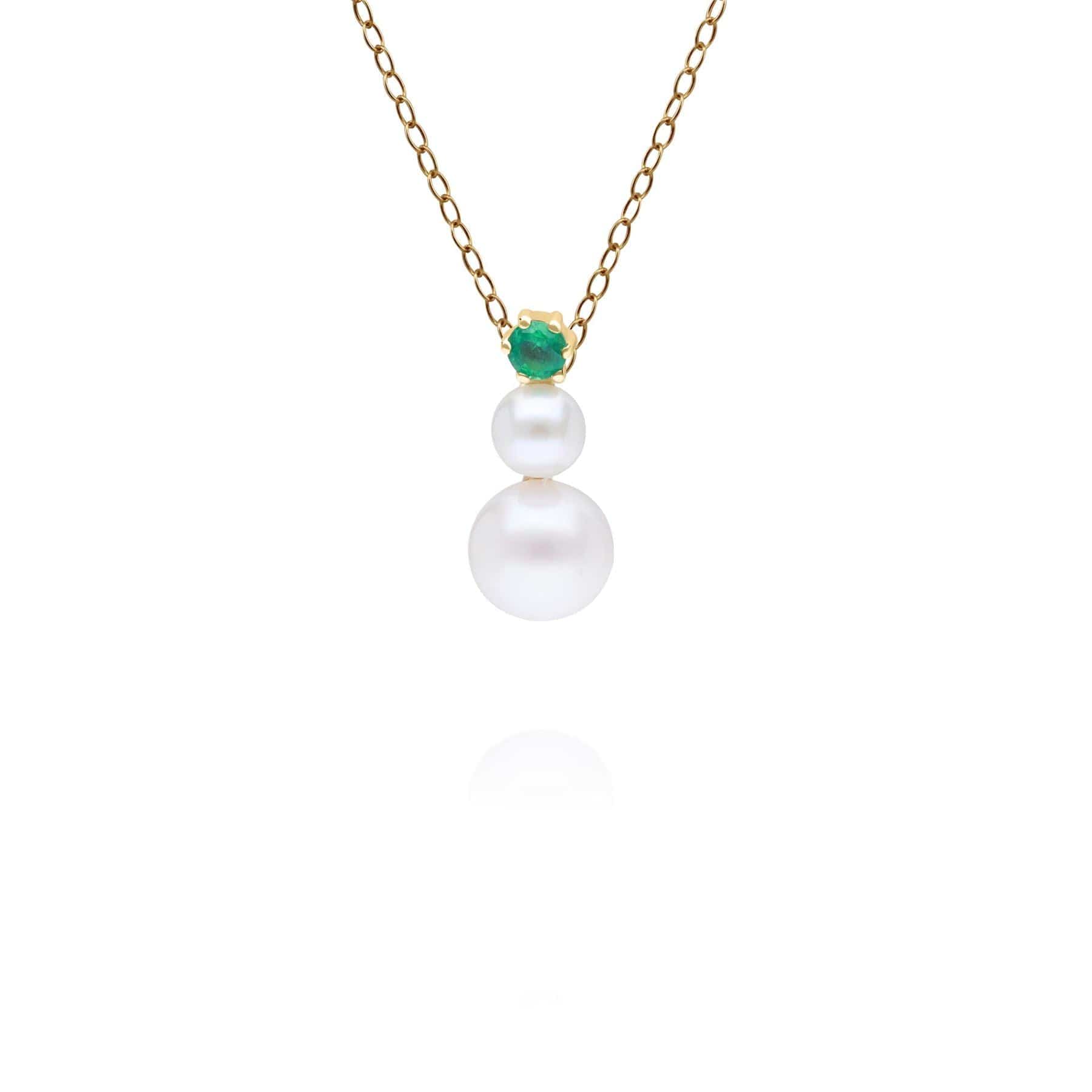 Modern Pearl & Round Emerald Drop Pendant in 9ct Yellow Gold - Gemondo