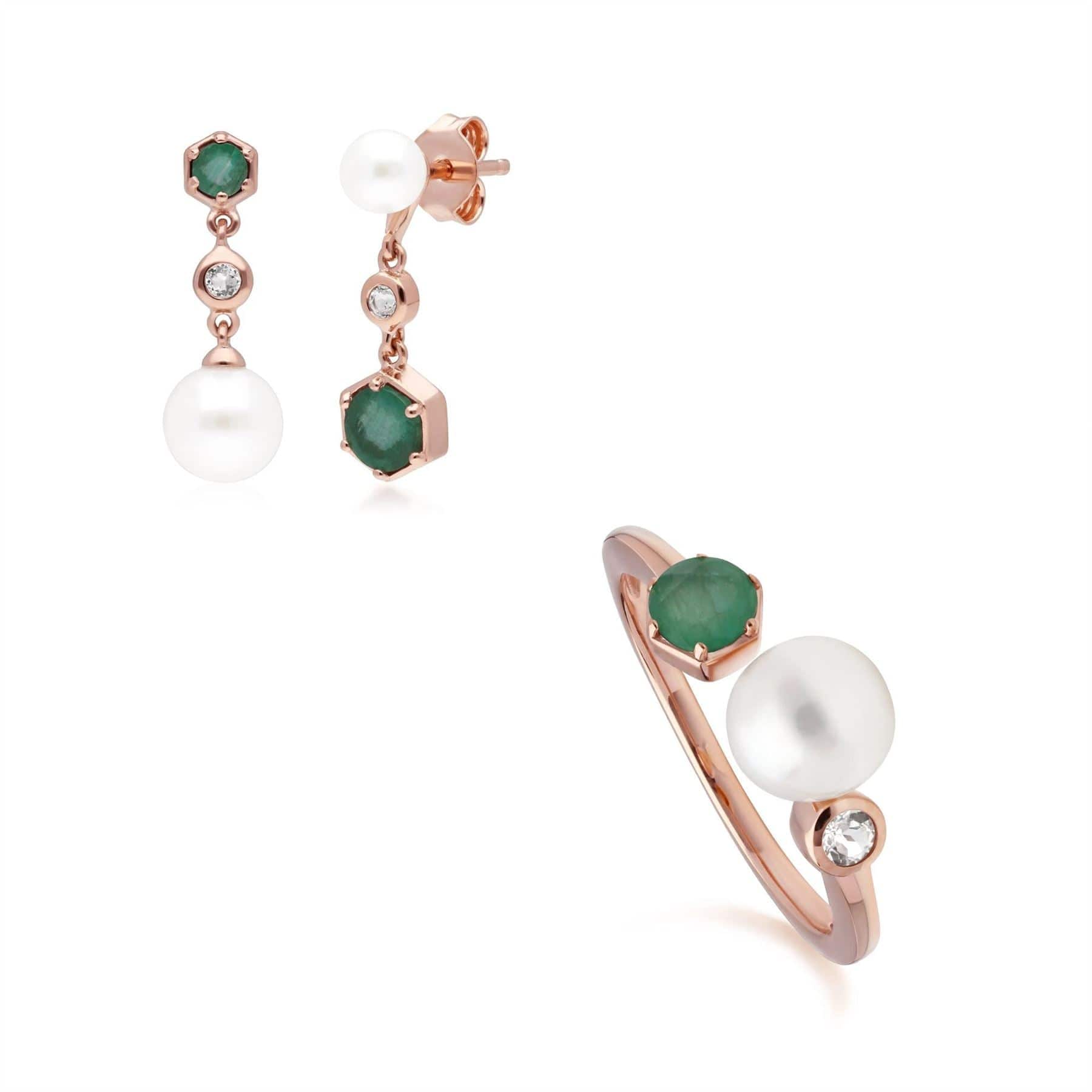 270E030303925-270R058803925 Modern Pearl, Emerald & Topaz Earring & Ring Set in Rose Gold Plated Silver 1